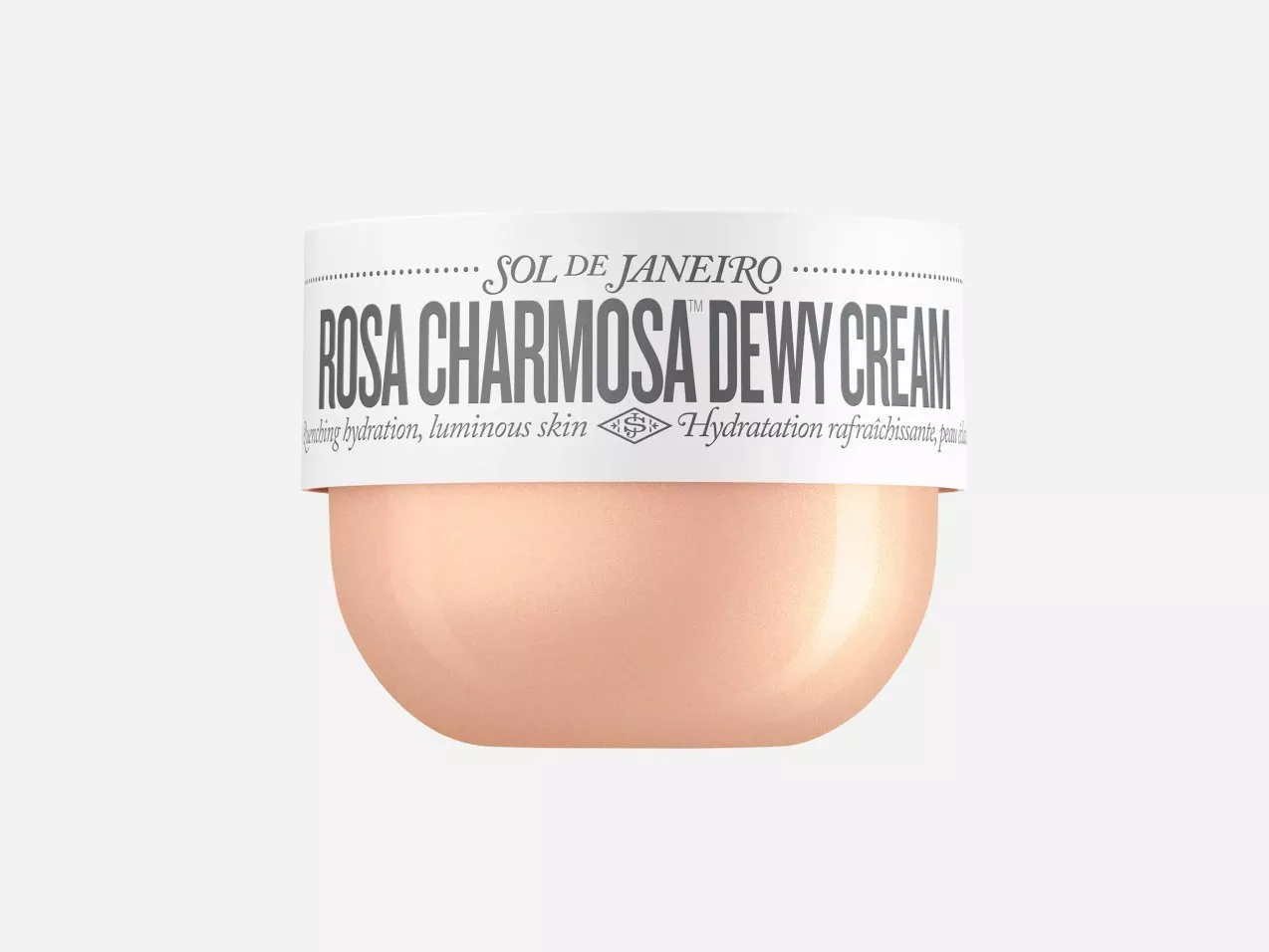 Sol de Janeiro Rosa Charmosa Dewy Cream moisturiser jar, peach pot with white lid