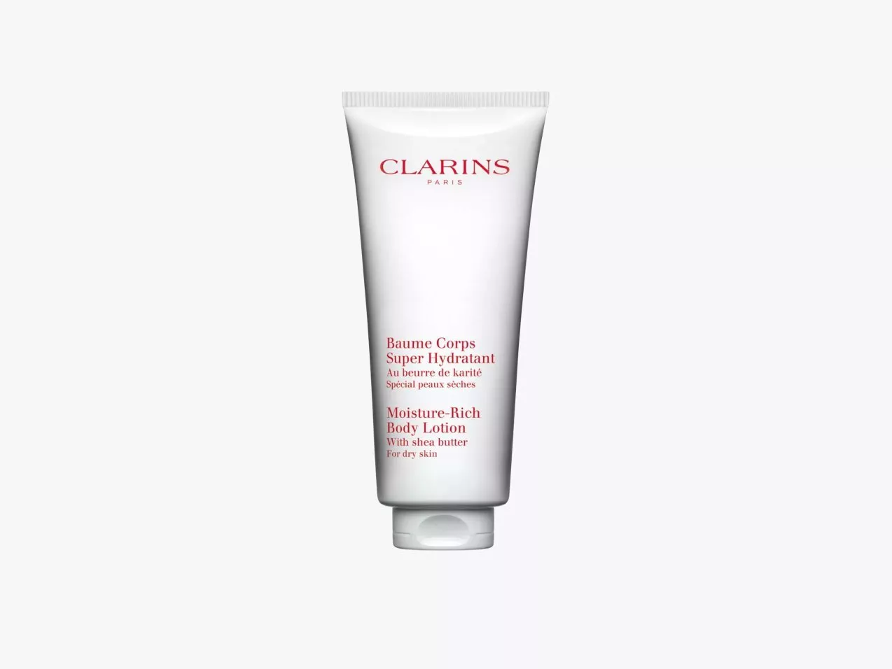 Clarins Moisture-Rich Body Lotion with shea butter for dry skin, white tube moisturiser