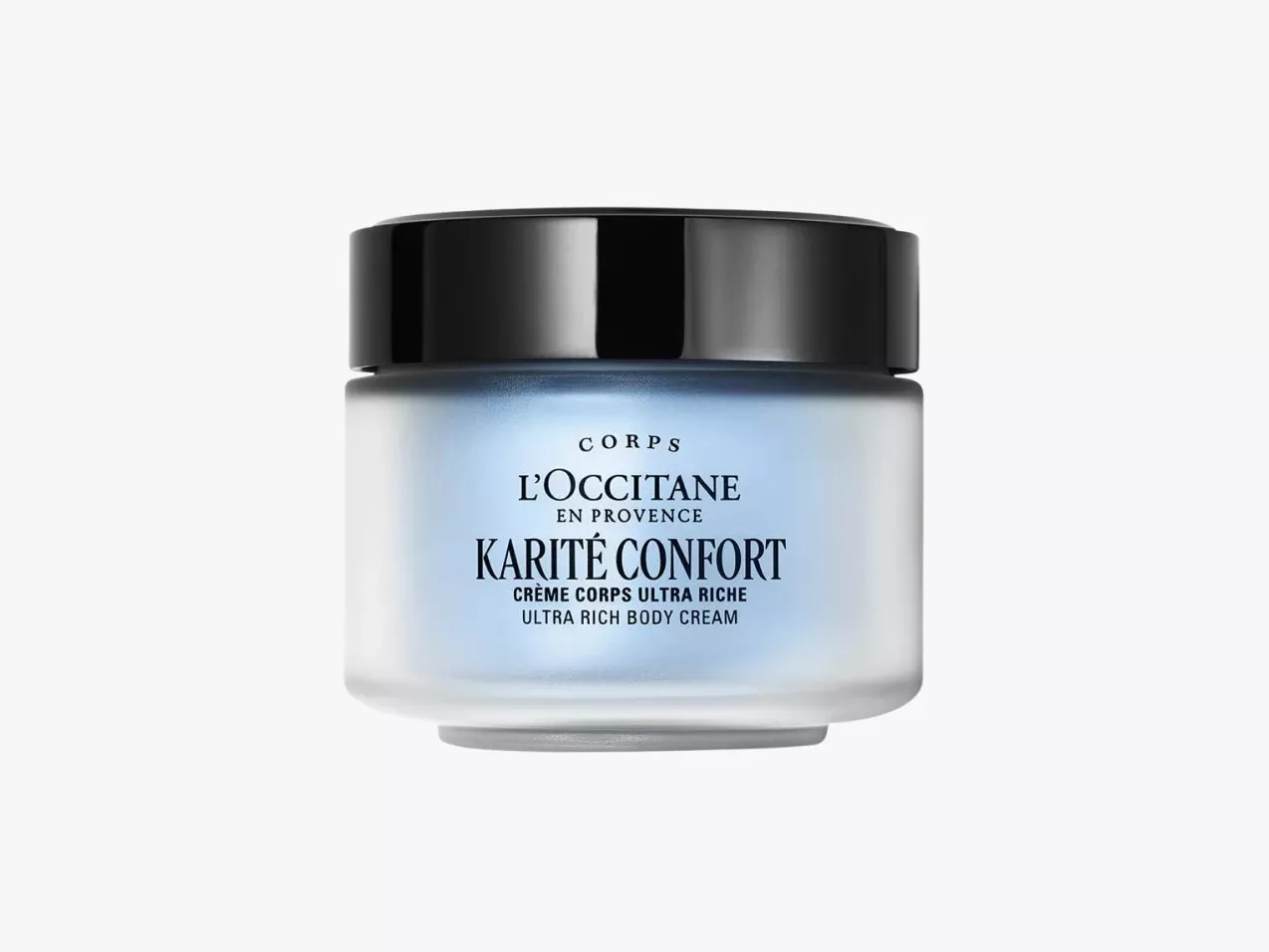 L’Occitane Karité Confort ultra rich body cream jar with black lid, shea butter moisturiser for dry skin