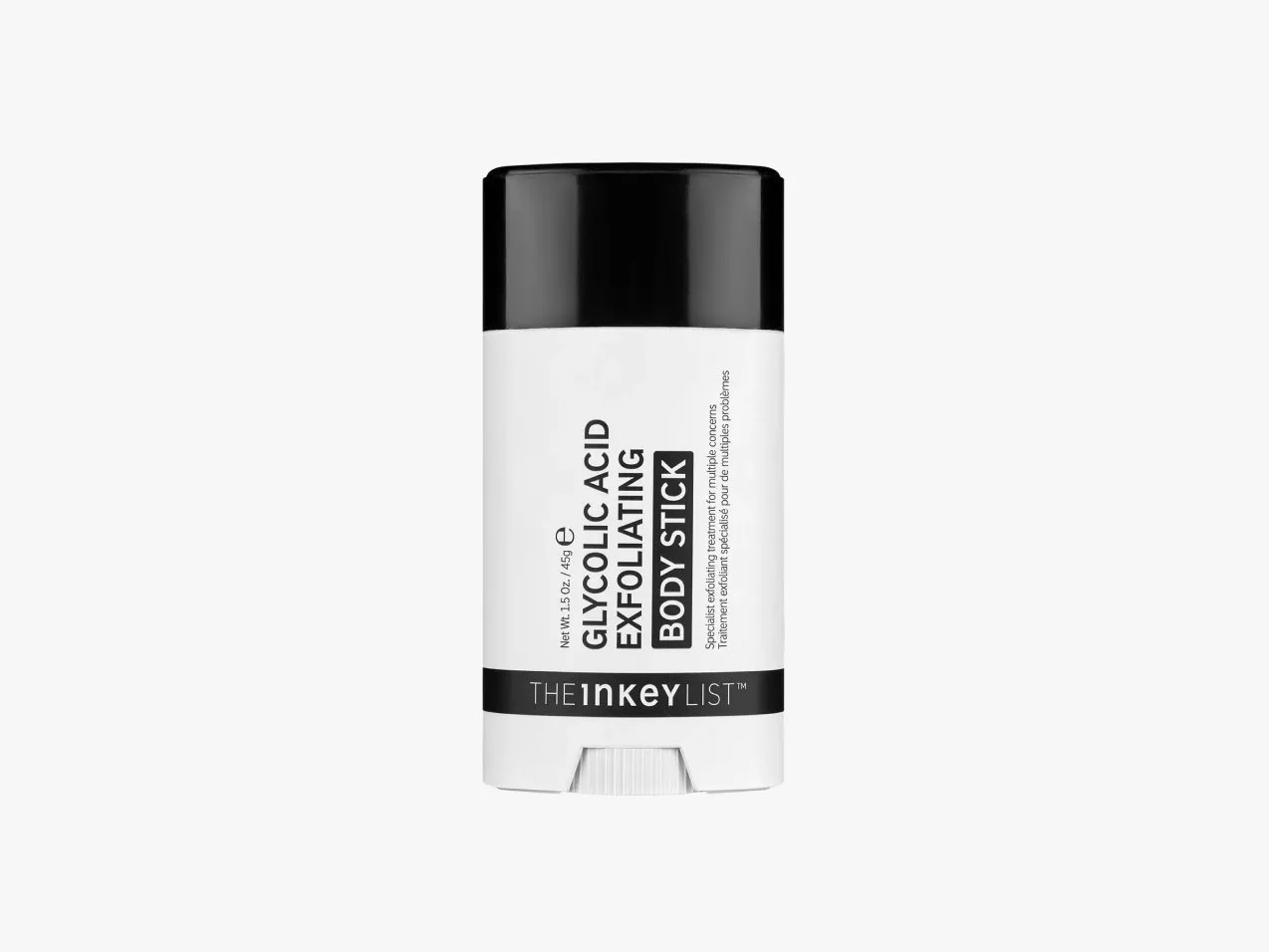 The INKEY List Glycolic Acid Exfoliating Body Stick skincare product in white tube with black cap