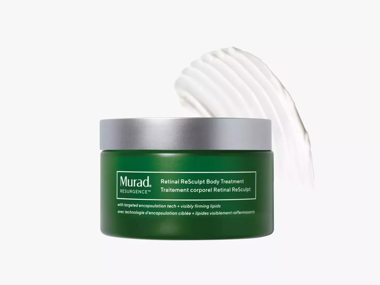 Murad Resurgence Retinal ReSculpt Body Treatment jar with silver lid and white cream swatch