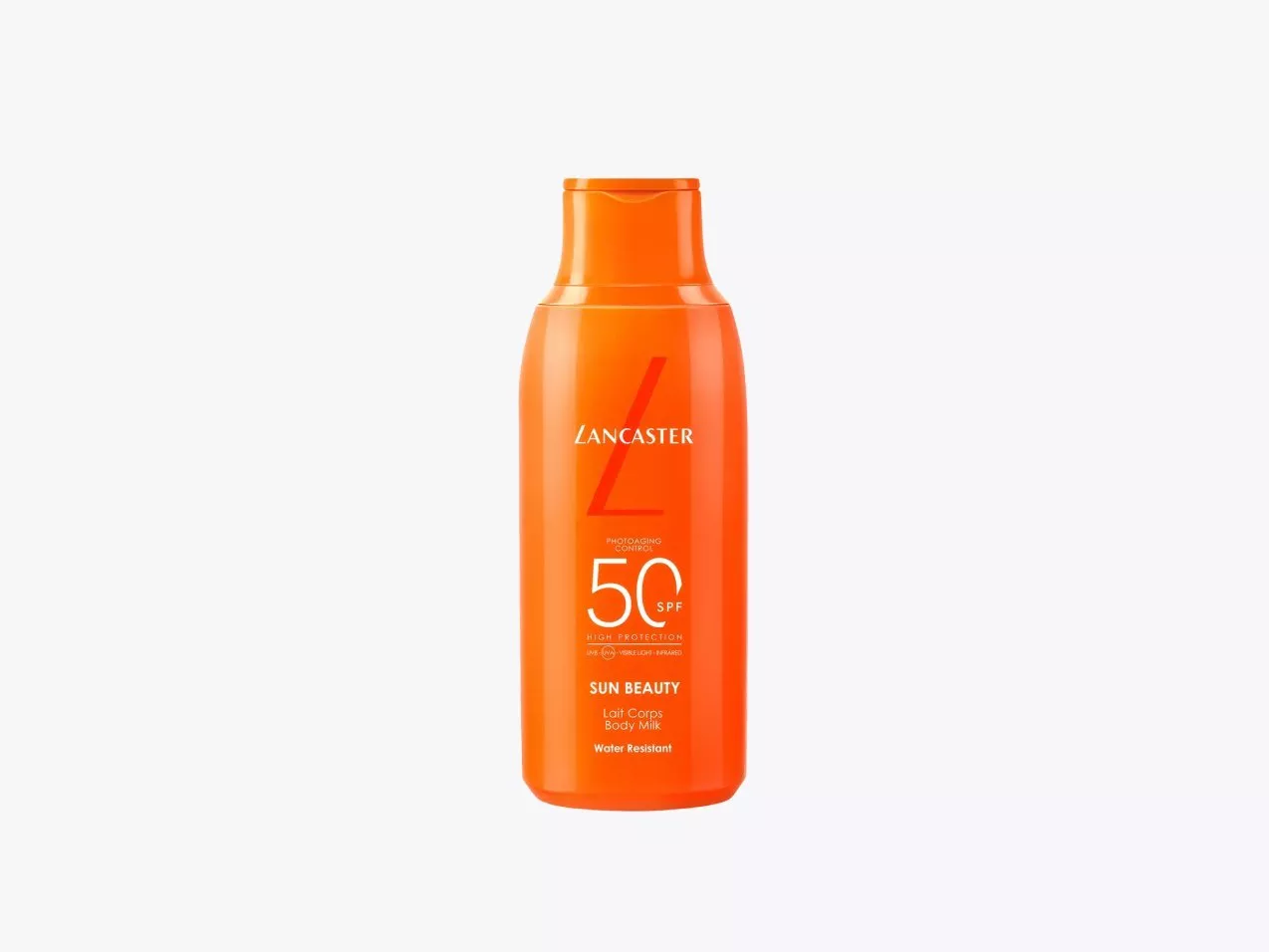 Lancaster Sun Beauty SPF 50 body milk sunscreen bottle, water-resistant high protection sun lotion