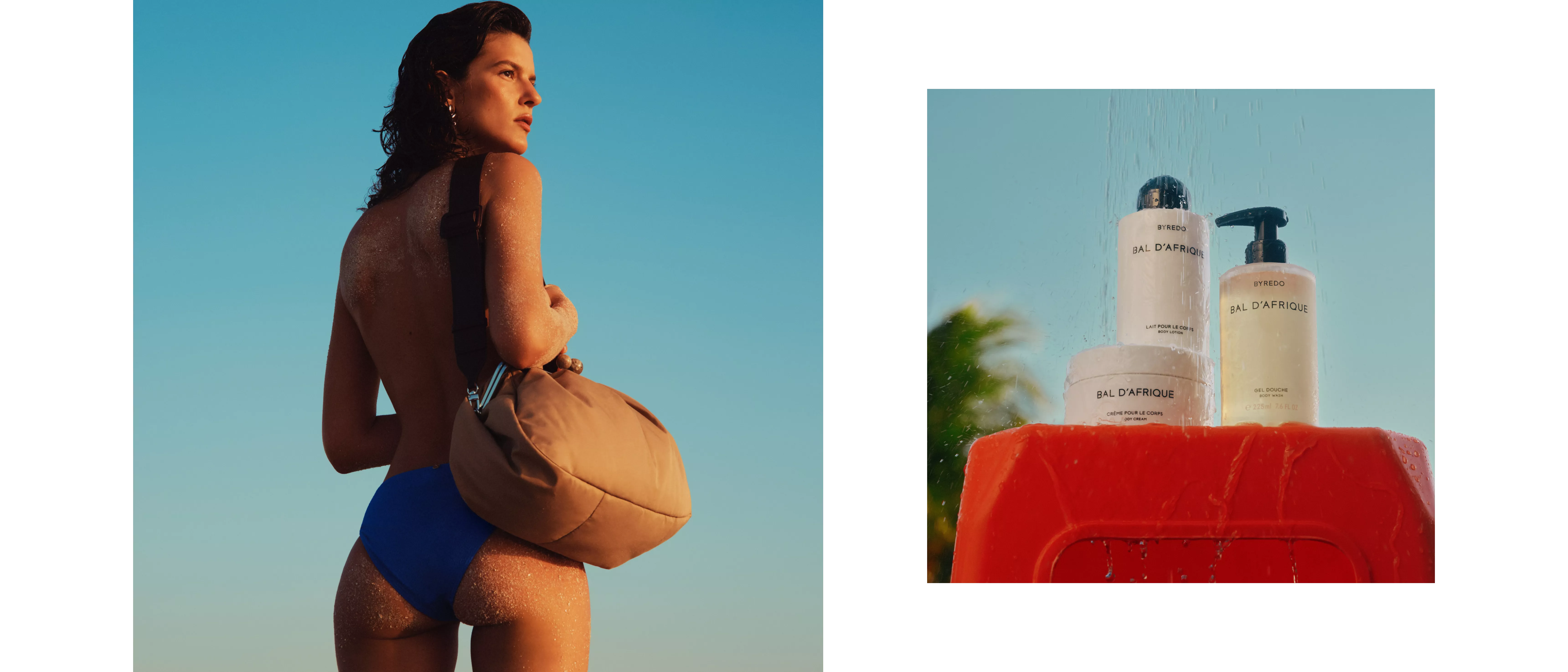 Woman in blue bikini with beach bag beside Byredo Bal d’Afrique body care products under running water outdoors