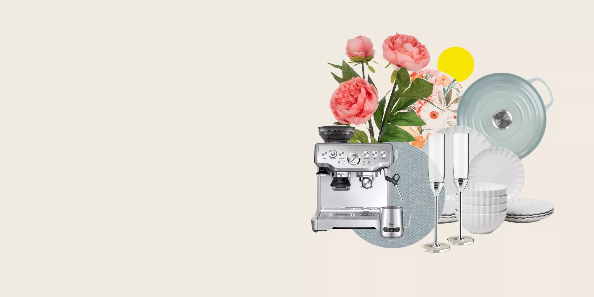 Kitchen gift collage with espresso machine, champagne flutes, pastel cookware, crockery and pink peonies on beige background