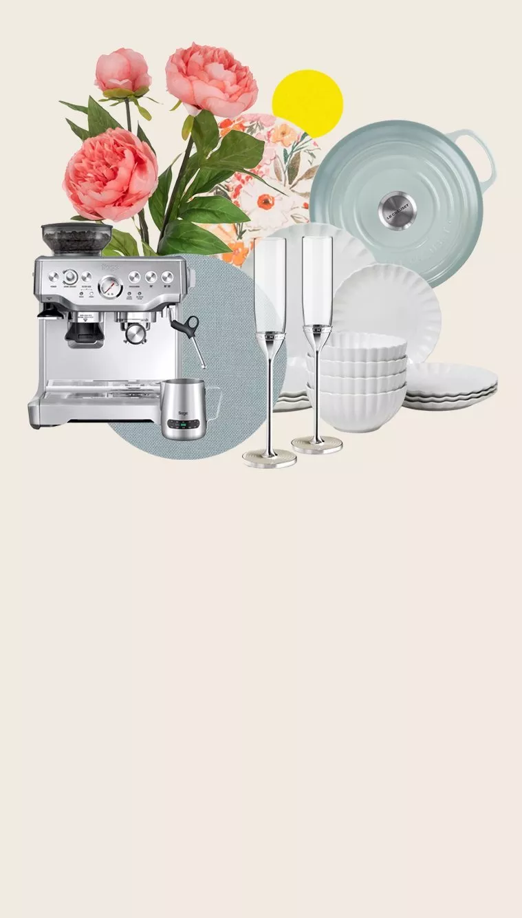 Kitchen essentials collage with espresso machine, Le Creuset casserole, white dinnerware, flutes and pink peonies