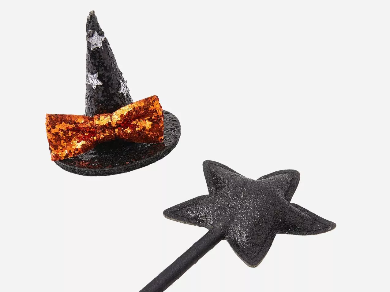 Black glitter witch hat with orange sequin bow and matching star wand, Halloween costume accessories set