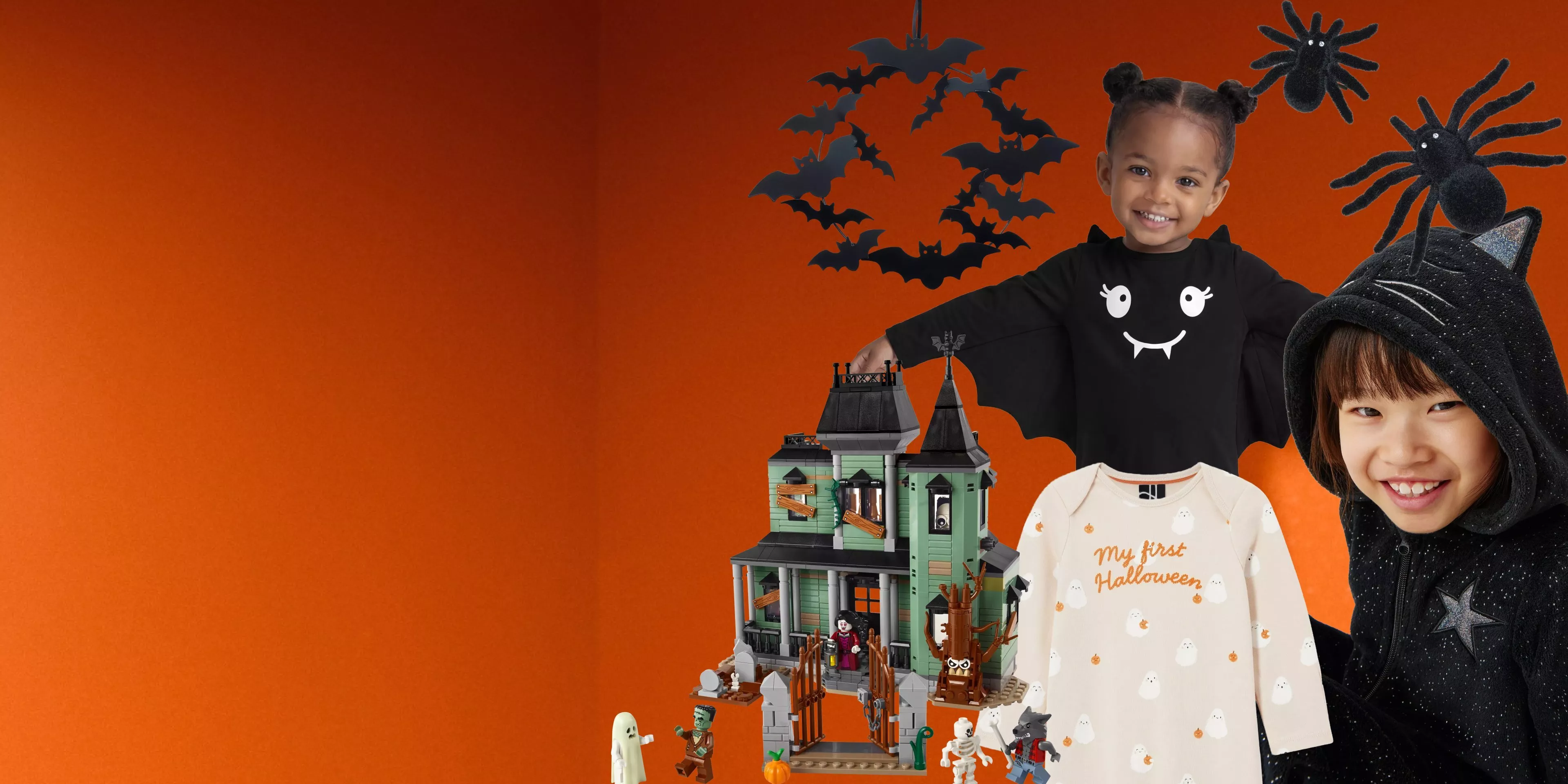 Children in Halloween costumes with spooky bats and spiders, plus haunted house toy and baby Halloween sleepsuit