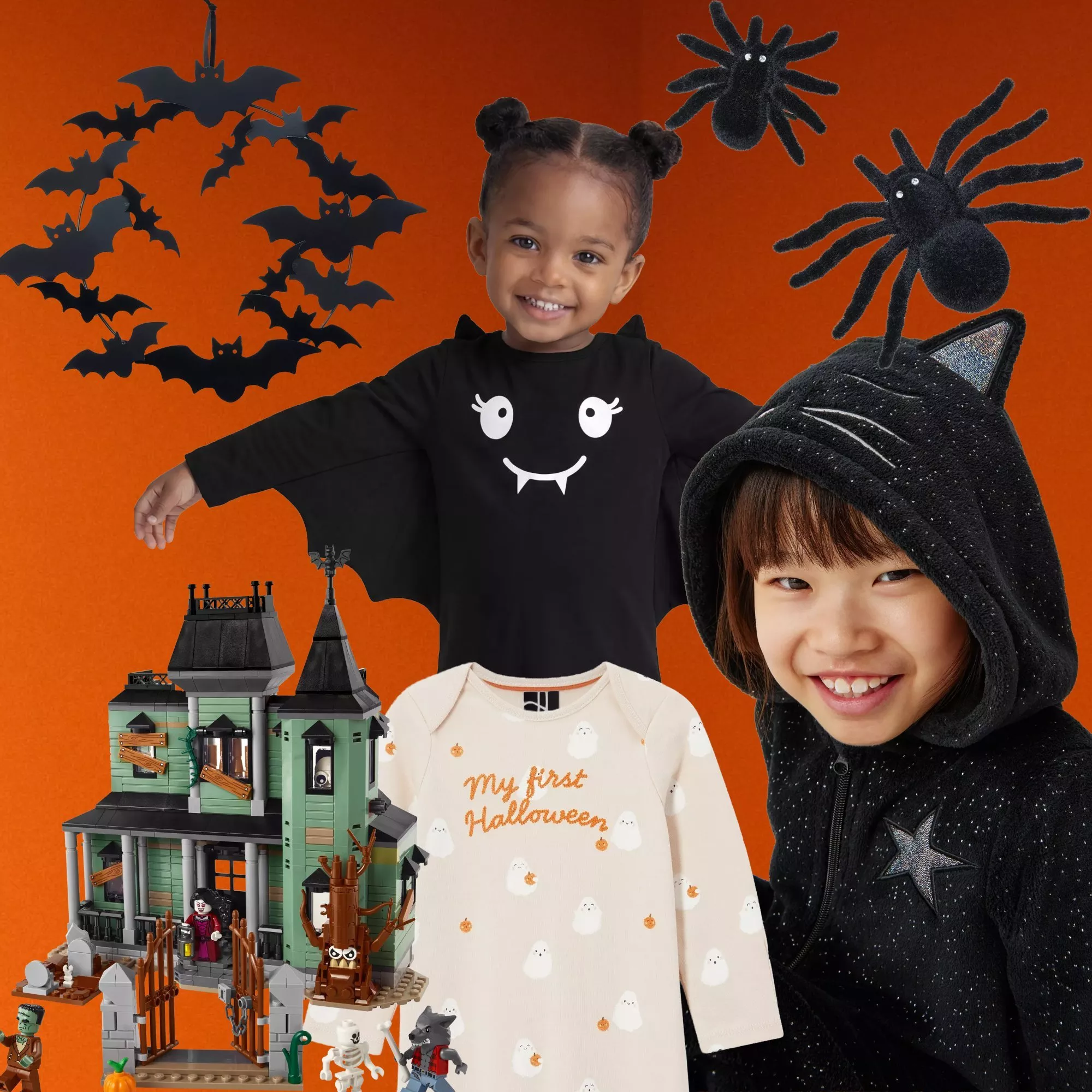 Halloween kids outfits featuring bat costume top, cat hoodie, and My First Halloween romper with spooky decor