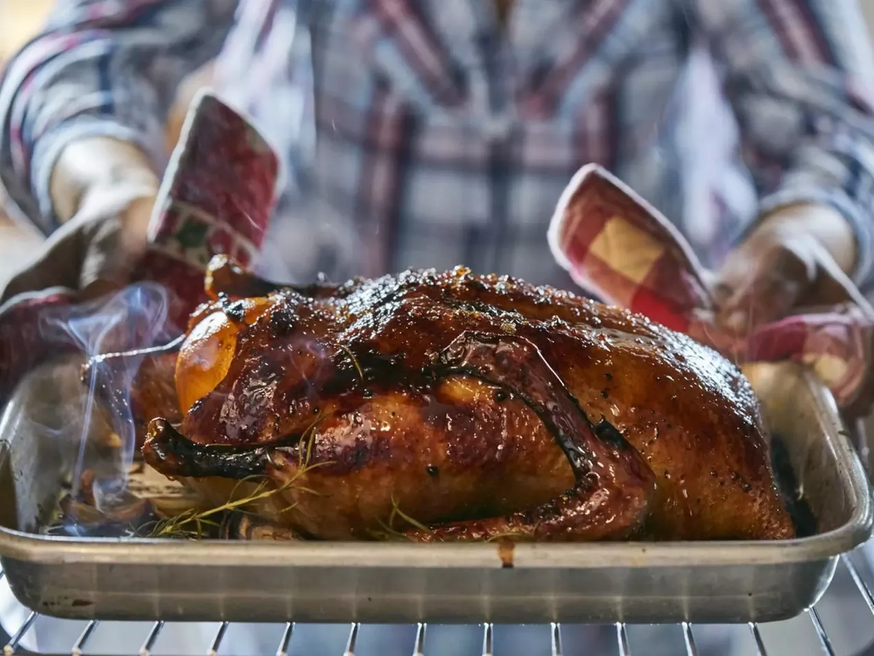 Image f a duck coming out an oven