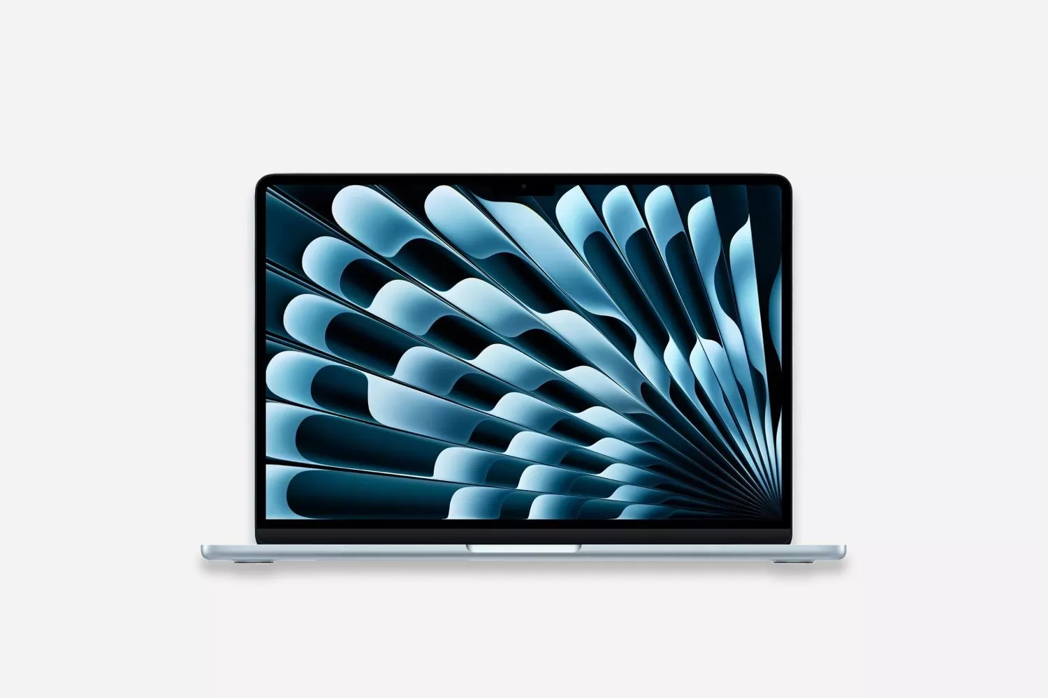 Apple MacBook Air laptop front view with blue abstract wallpaper on Retina display, isolated on white background