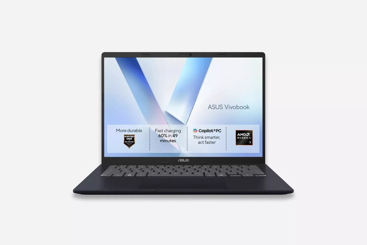 ASUS Vivobook laptop front view with display highlighting Copilot+ PC, fast charging and AMD Ryzen 7 processor