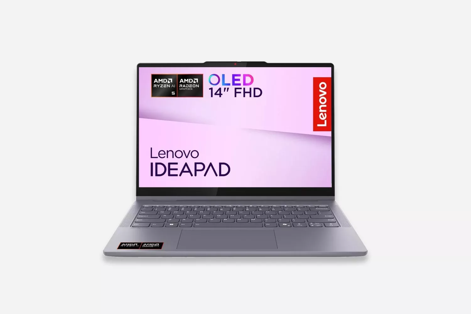 Lenovo IdeaPad 14-inch OLED FHD laptop with AMD Ryzen 5 and Radeon graphics, front view on white background