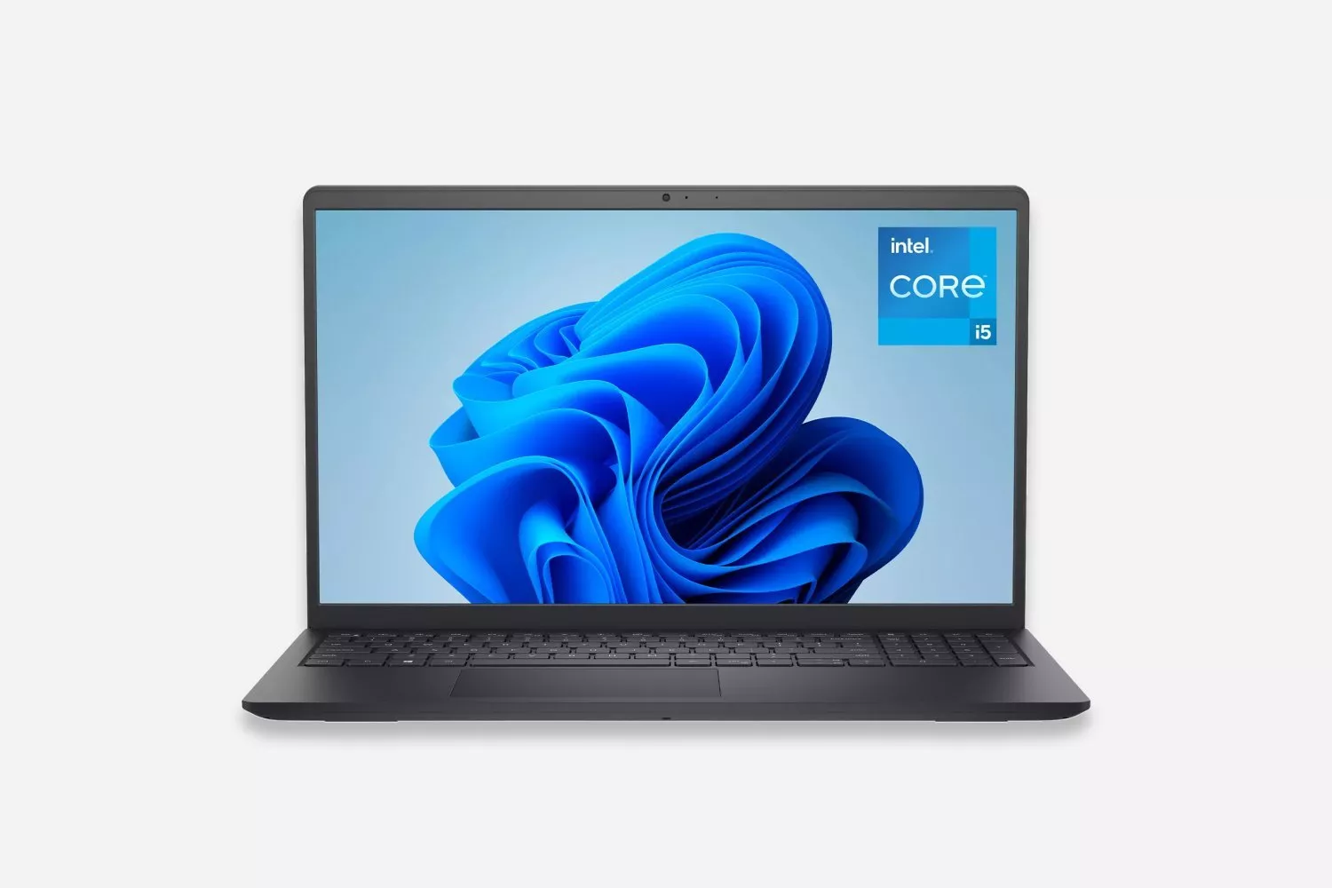 Front view of grey laptop with Windows 11 blue swirl wallpaper and Intel Core i5 badge on screen