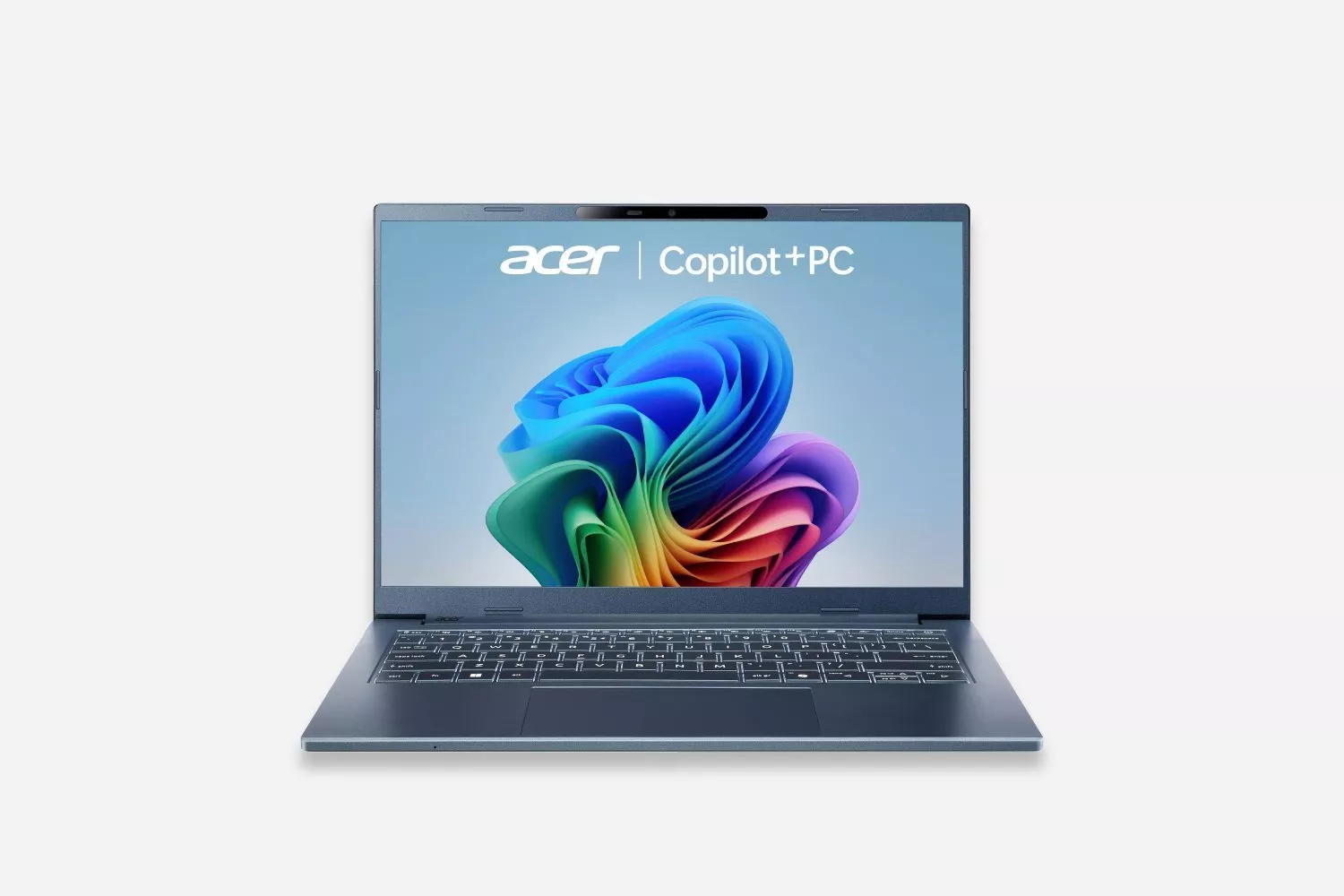 Acer Copilot+ PC laptop with Windows 11 colourful wallpaper, front view on white background for productivity