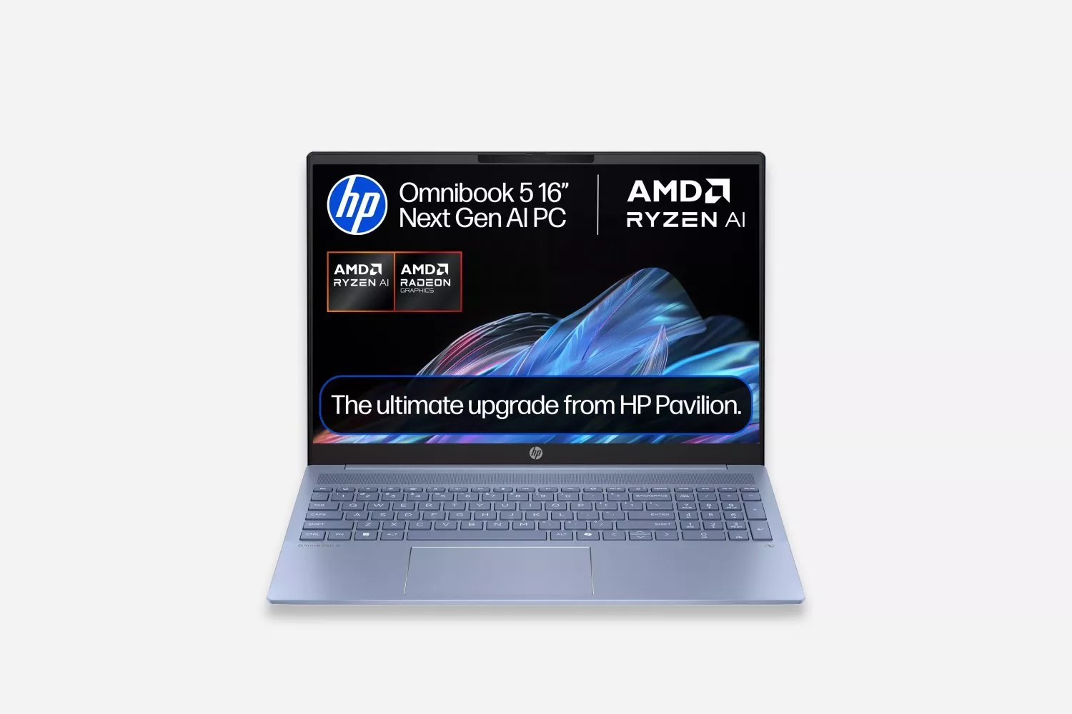 HP Omnibook 5 16-inch laptop with AMD Ryzen AI and Radeon graphics, open on white background product shot