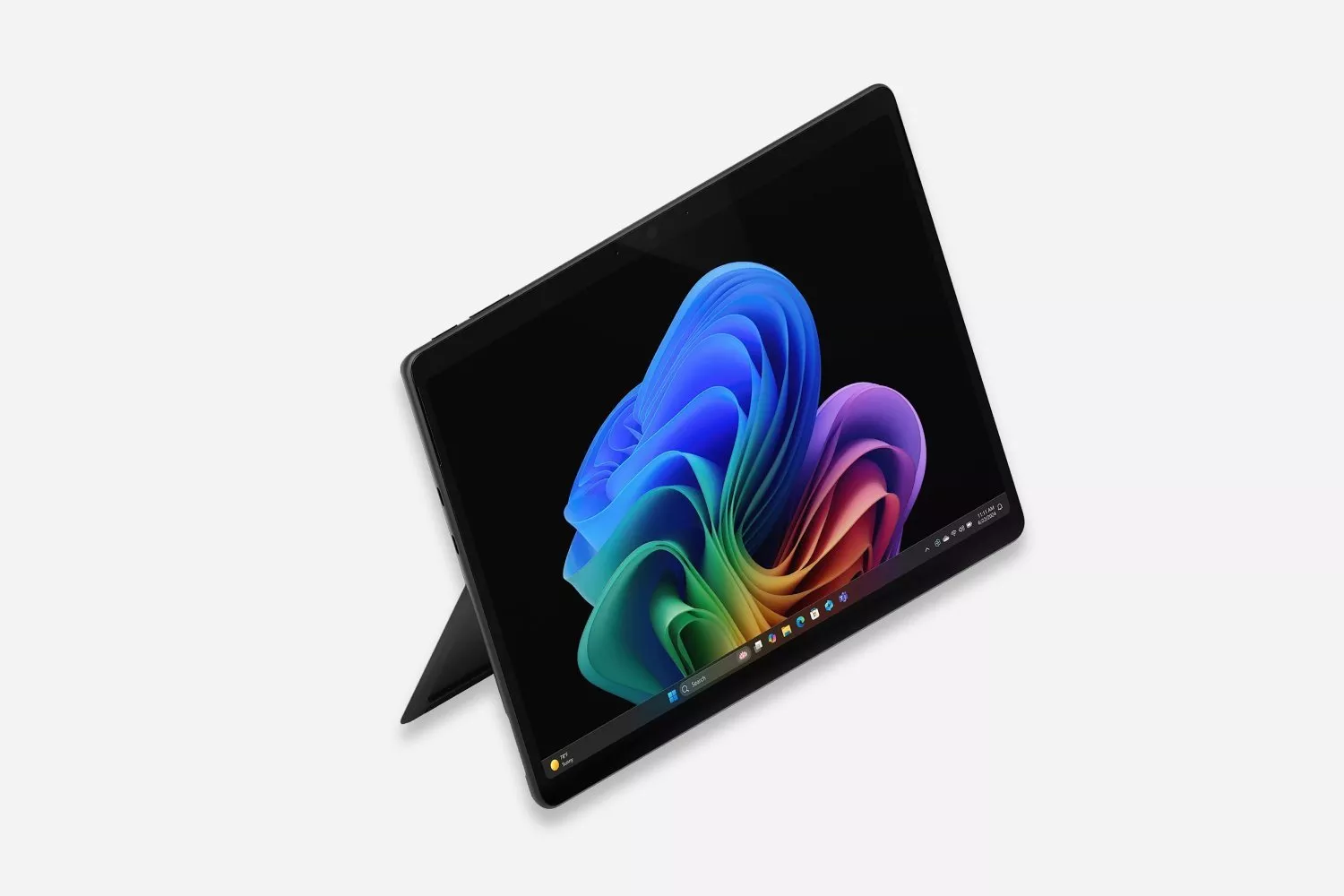 Windows 11 tablet laptop hybrid with kickstand, black touchscreen display showing colourful abstract wallpaper