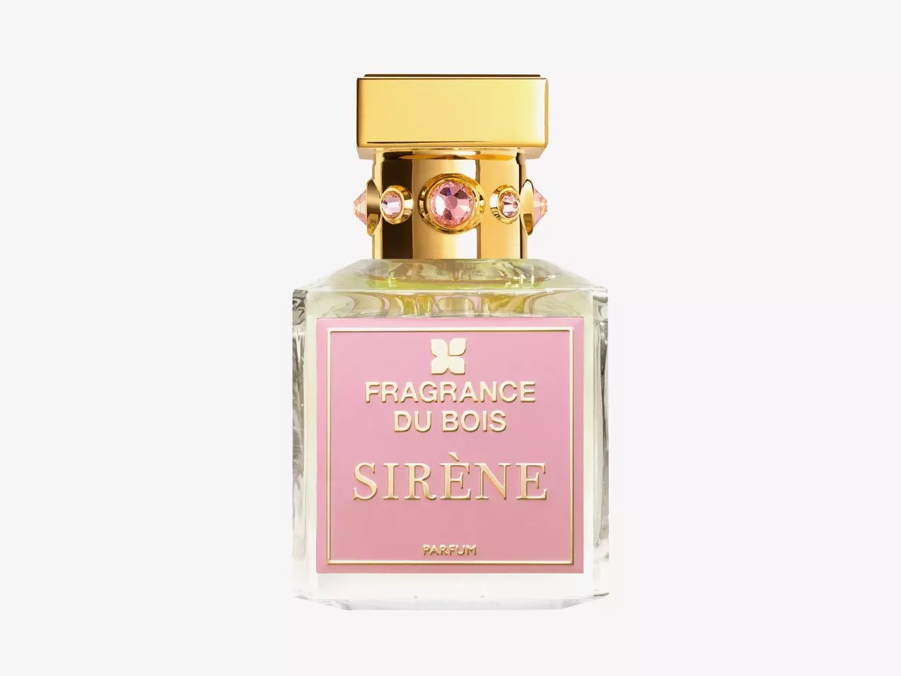 Fragrance Du Bois Sirène parfum bottle with pink label, gold cap and pink gemstones on a white background