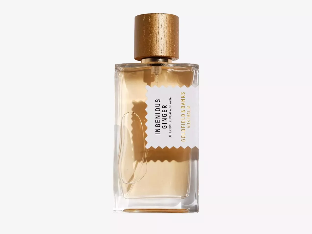 Goldfield & Banks Ingenious Ginger perfume bottle with wooden cap, luxury Australian fragrance product shot