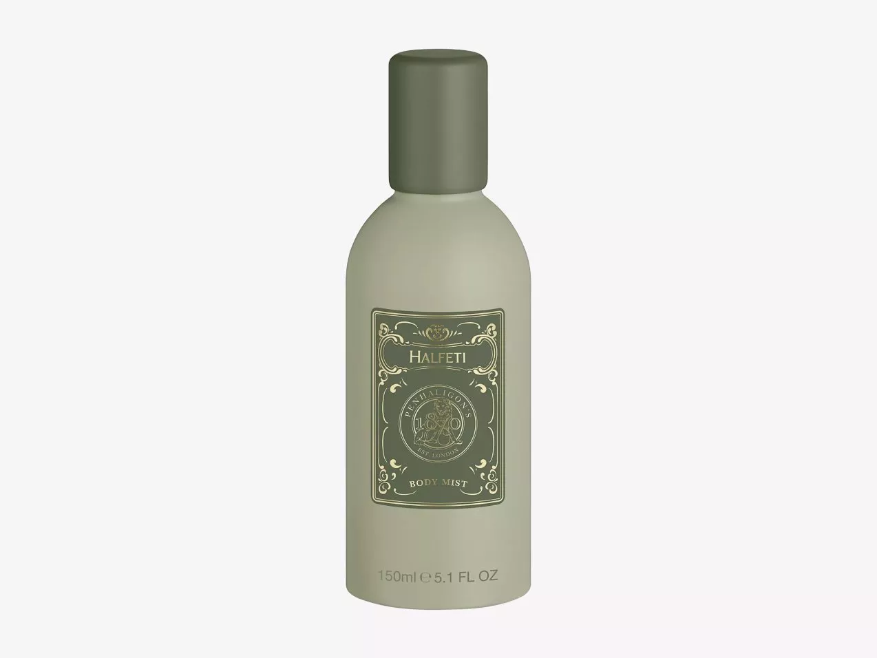 Penhaligon’s Halfeti body mist 150ml bottle in sage green with dark cap, luxury fragrance spray product shot