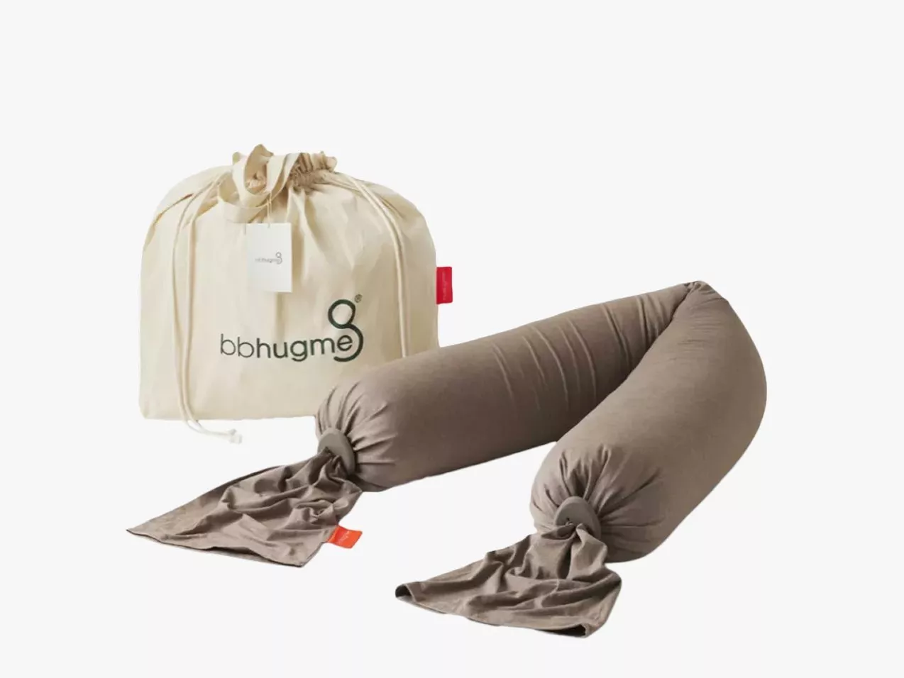 bbhugme pregnancy pillow in taupe with removable cover and drawstring storage bag, studio product photo on white
