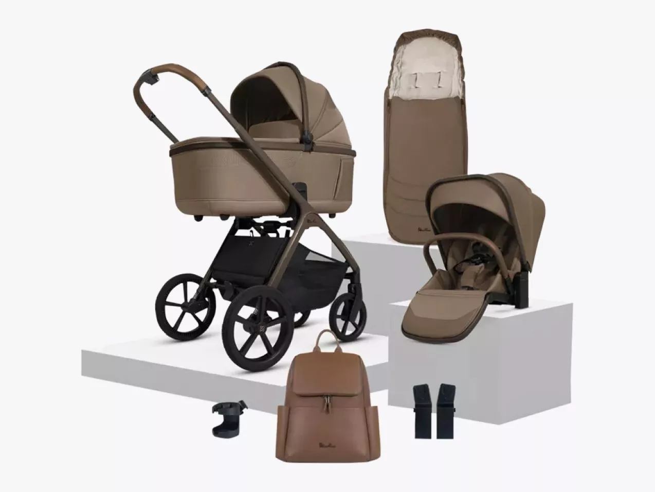 Beige 3-in-1 travel system pushchair set with carrycot, seat unit, footmuff, adaptors and changing bag