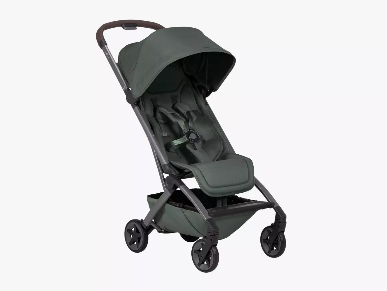 Dark green lightweight baby pushchair with sun canopy, padded seat and four wheels, studio product photo.