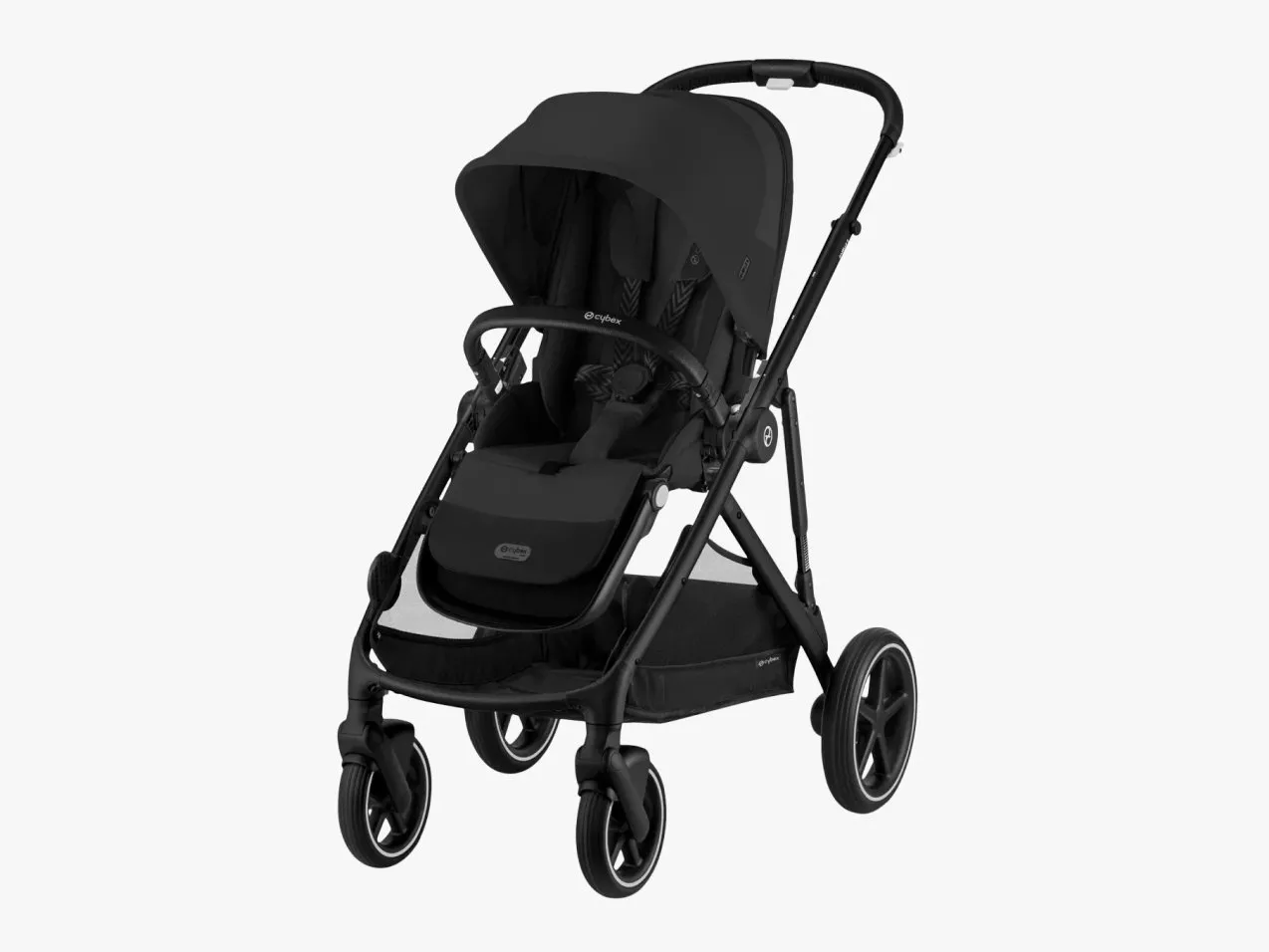 Black Cybex baby pushchair with large sun canopy, padded seat and four wheels