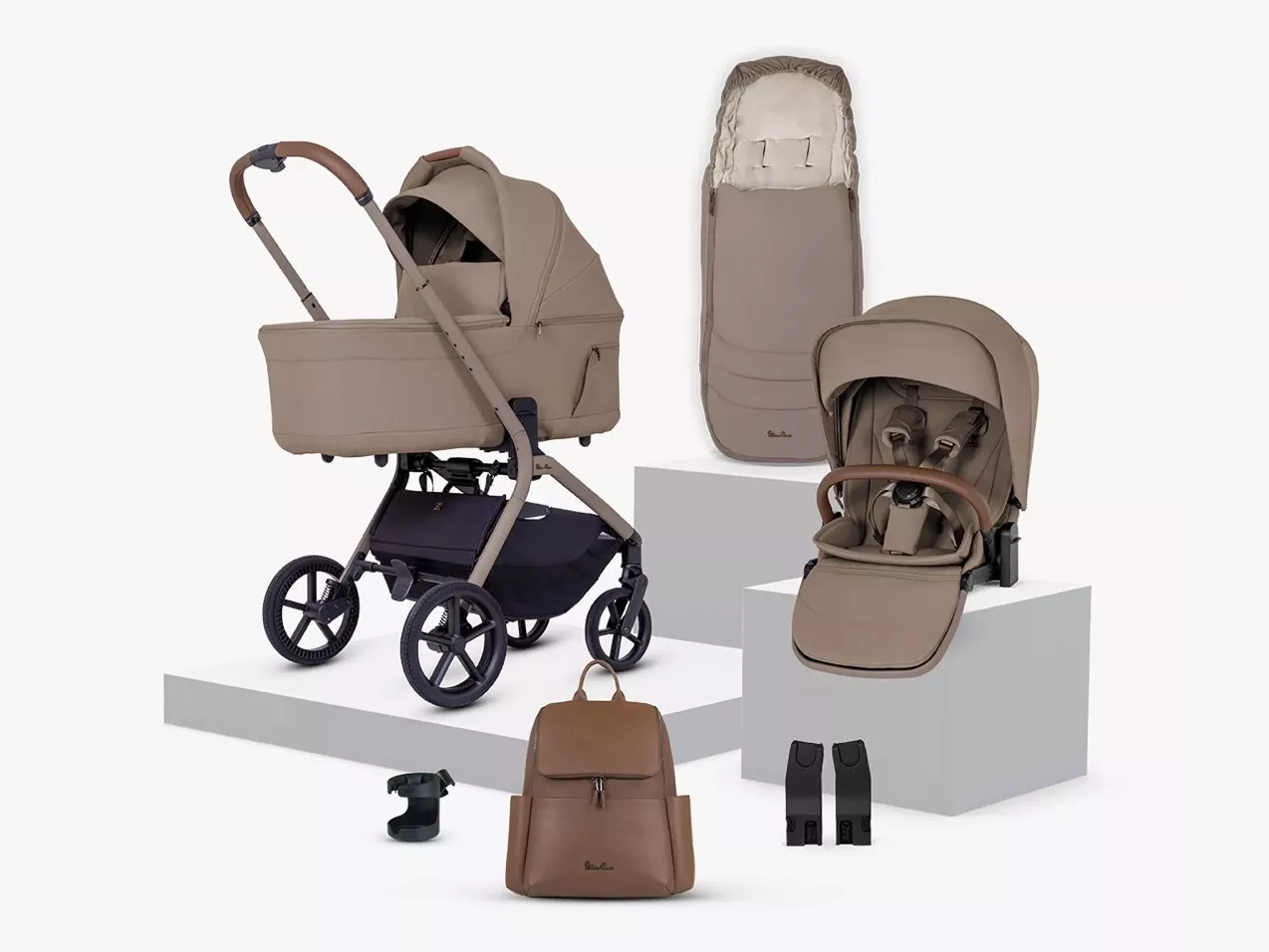 Beige travel system pushchair bundle with carrycot, seat unit, footmuff, changing backpack and car seat adapters