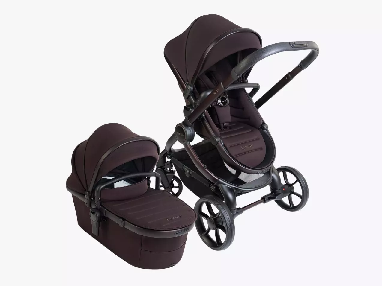 Dark brown baby travel system pushchair with carrycot, adjustable seat and large wheels