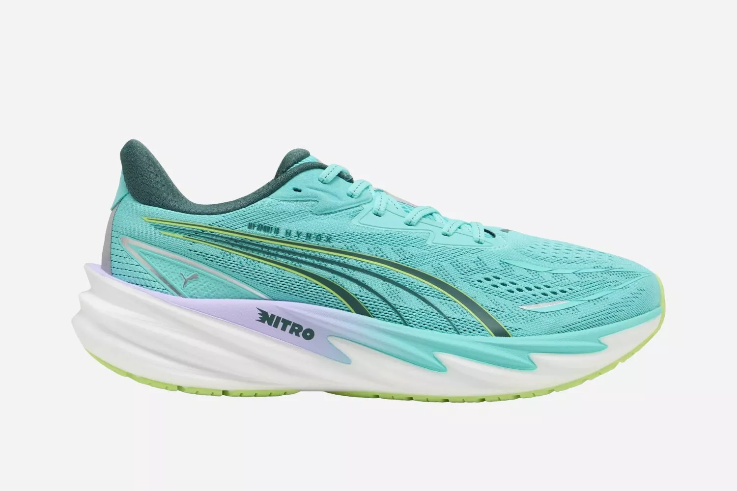 Turquoise Puma running shoe side view with NITRO foam midsole, breathable mesh upper and lime outsole