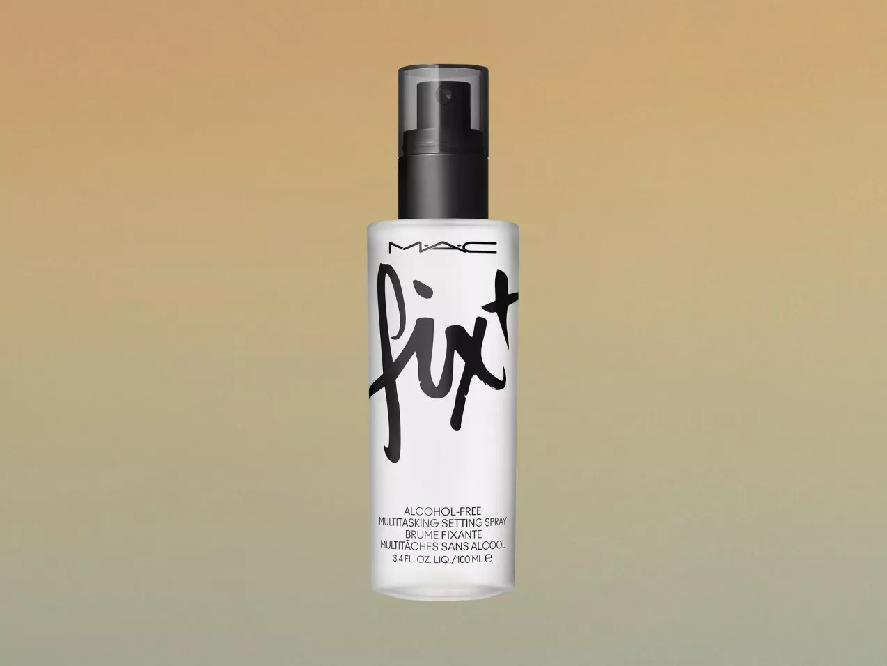 MAC Fix+ alcohol-free multitasking setting spray bottle, white packaging with black pump on beige background