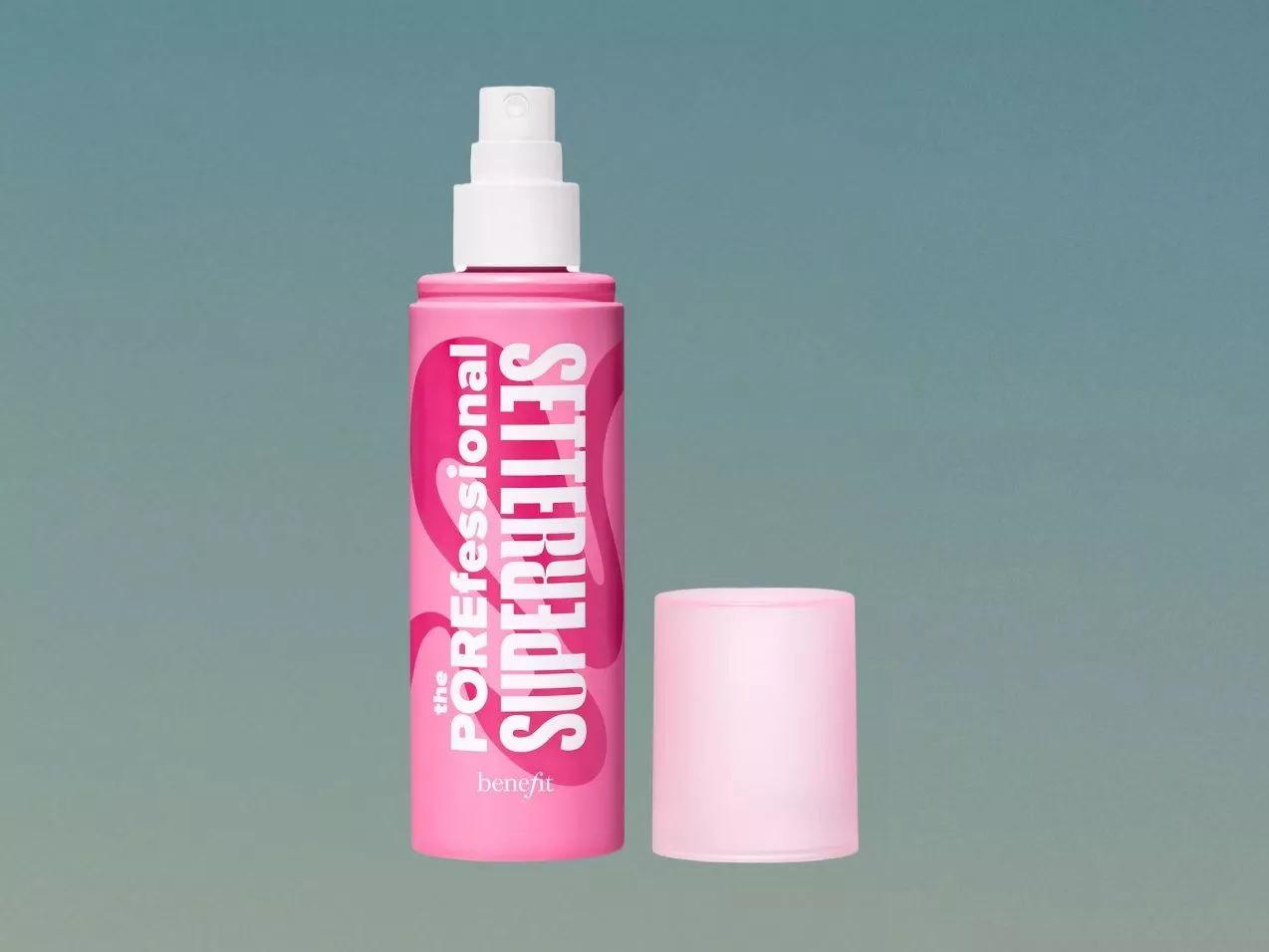 Benefit The POREfessional Super Setter setting spray bottle with cap, pink packaging on grey background