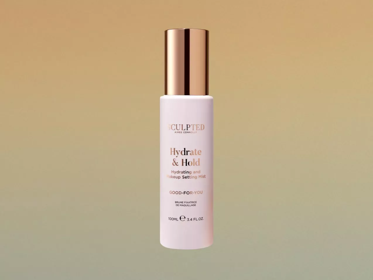 Sculpted by Aimee Connolly Hydrate & Hold hydrating makeup setting mist bottle on neutral background.