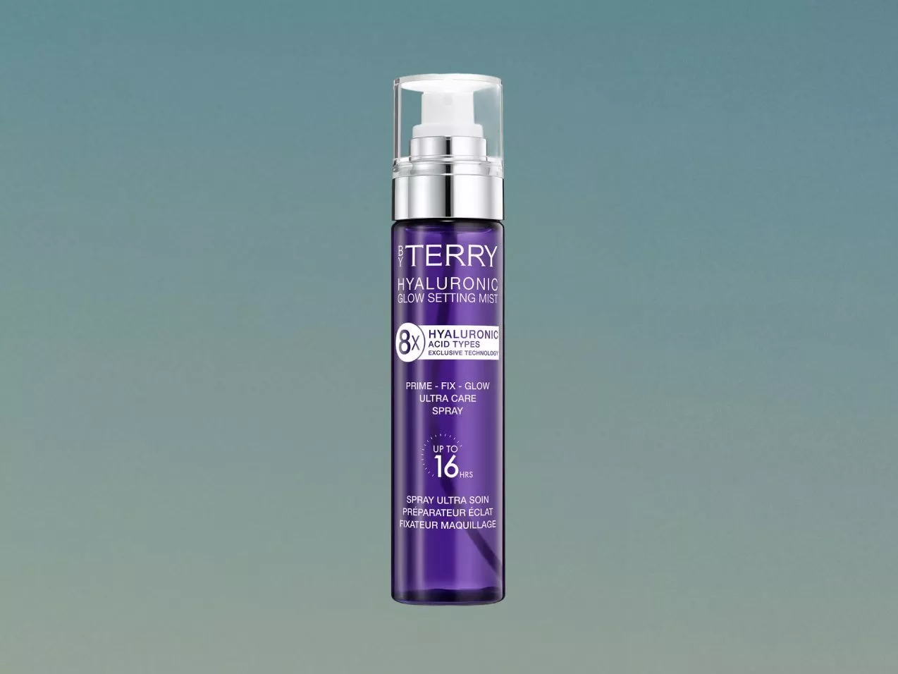 By Terry Hyaluronic Glow Setting Mist bottle, purple skincare spray for dewy makeup finish on grey background