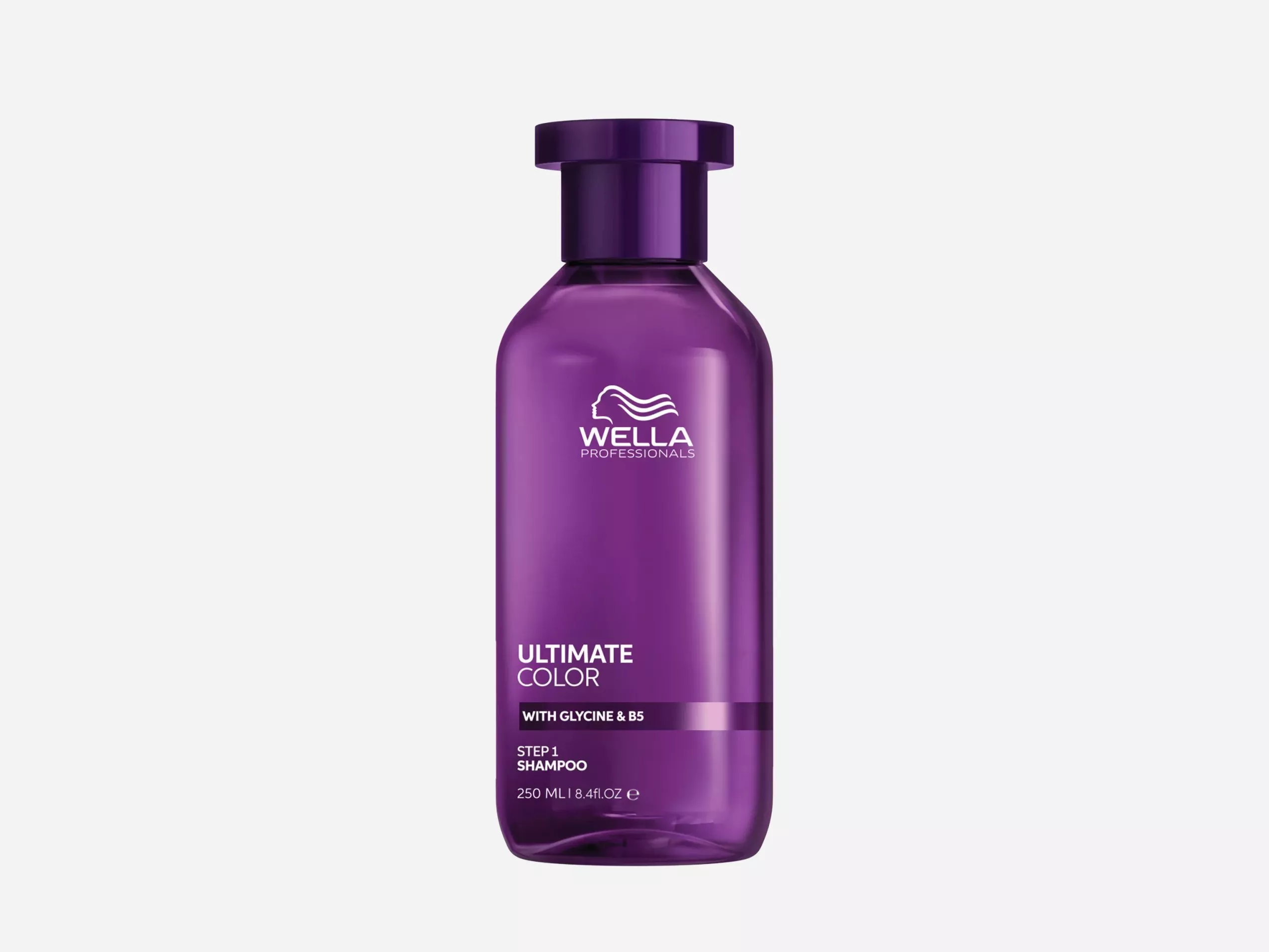 Wella Professionals Ultimate Colour Step 1 shampoo bottle, purple 250ml, colour-protecting hair care product on white
