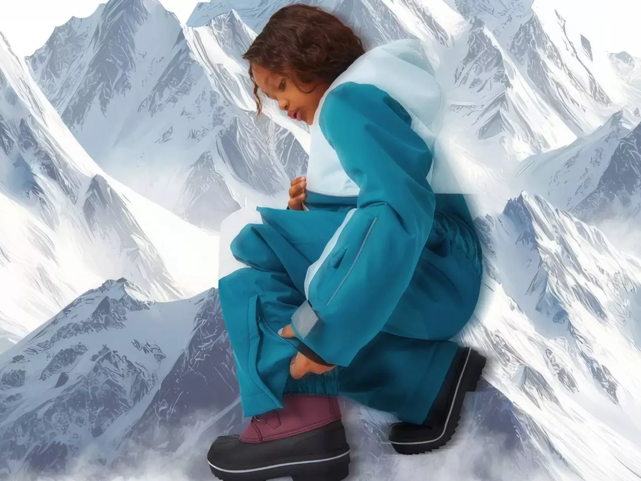 A kid in a blue and white ski outfit bending down to fix their shoe, with super-imposed mountains in the background