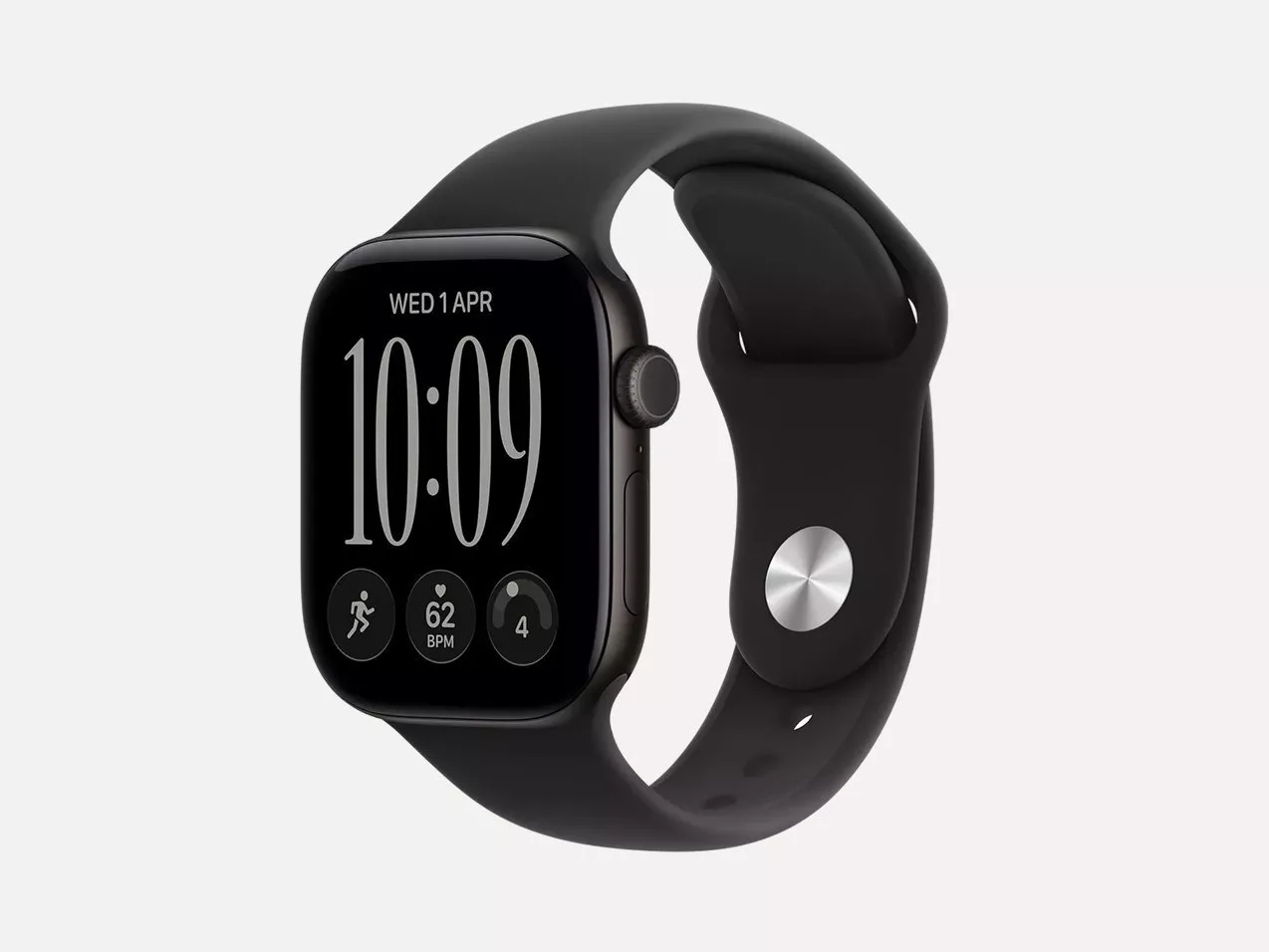 Black smartwatch with silicone strap showing time, date and fitness metrics, isolated on a white background