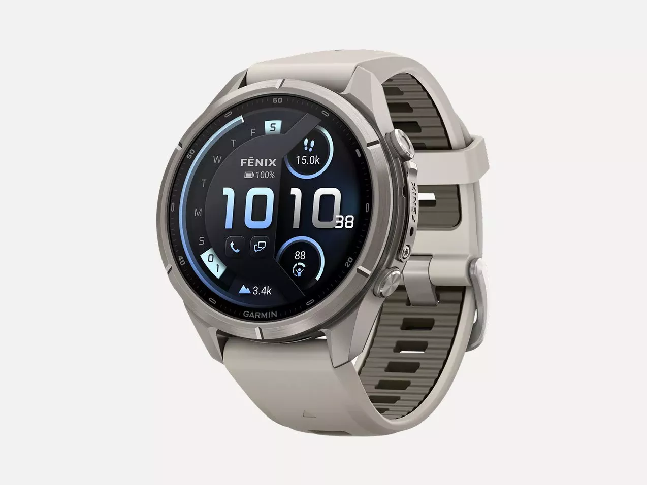 Garmin Fenix GPS smartwatch with round digital display and light grey silicone strap on white background