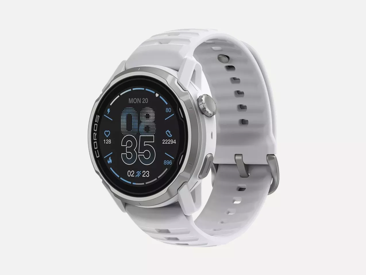 White COROS GPS sports smartwatch with round digital display, heart rate and step tracking, on light background