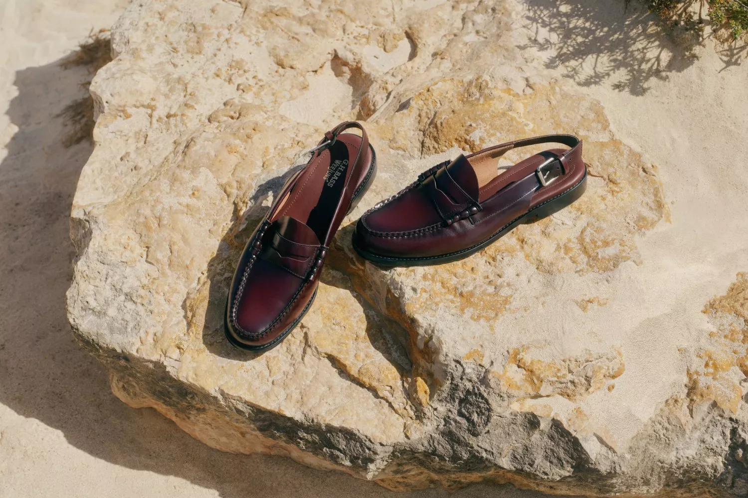 Burgundy leather slingback loafers on sunlit rock, stylish men's summer shoes with buckle strap detail