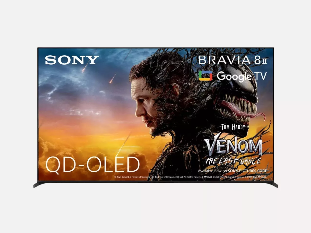 Sony BRAVIA 8 QD-OLED Google TV showing Venom: The Last Dance movie artwork on the screen display