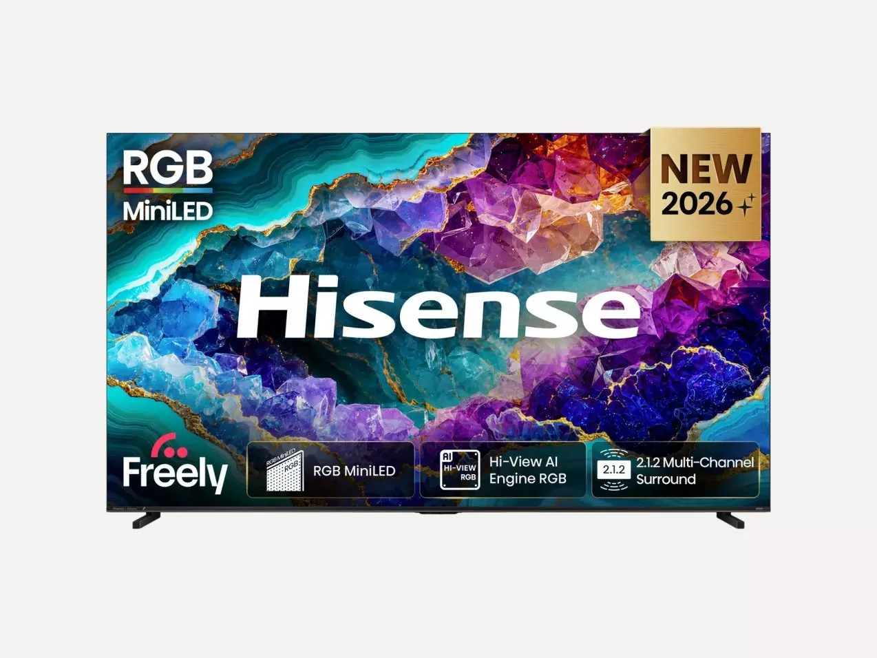 Hisense RGB MiniLED TV display with colourful crystal pattern, New 2026 badge, Freely and AI surround icons
