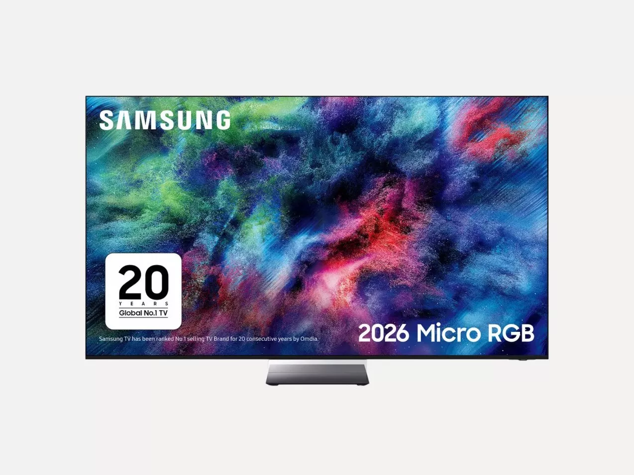 Samsung 2026 Micro RGB TV with vibrant abstract colour display and 20 years global No.1 TV branding badge