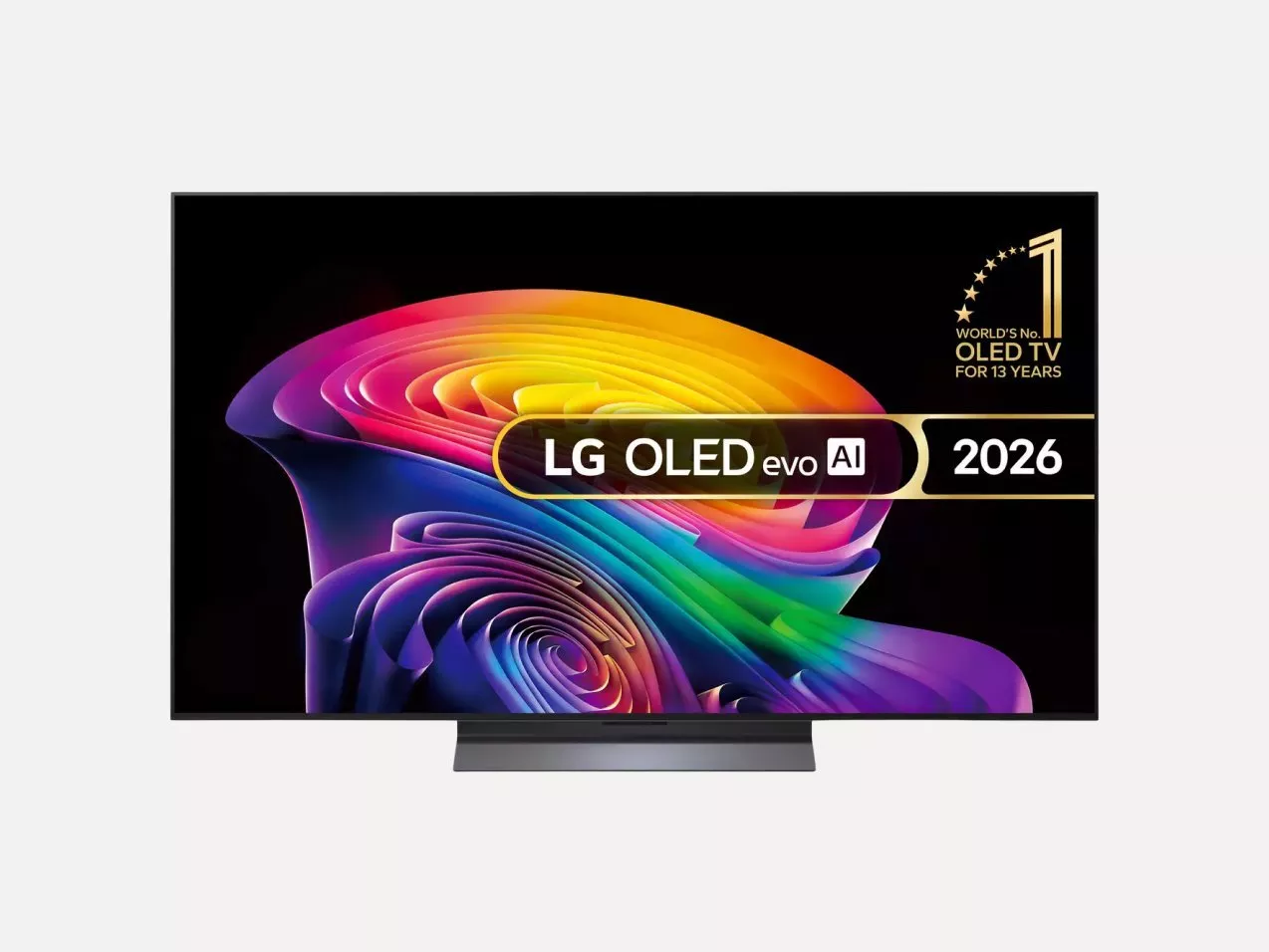 LG OLED evo AI 2026 TV with colourful abstract swirl display and slim bezel, front view product image
