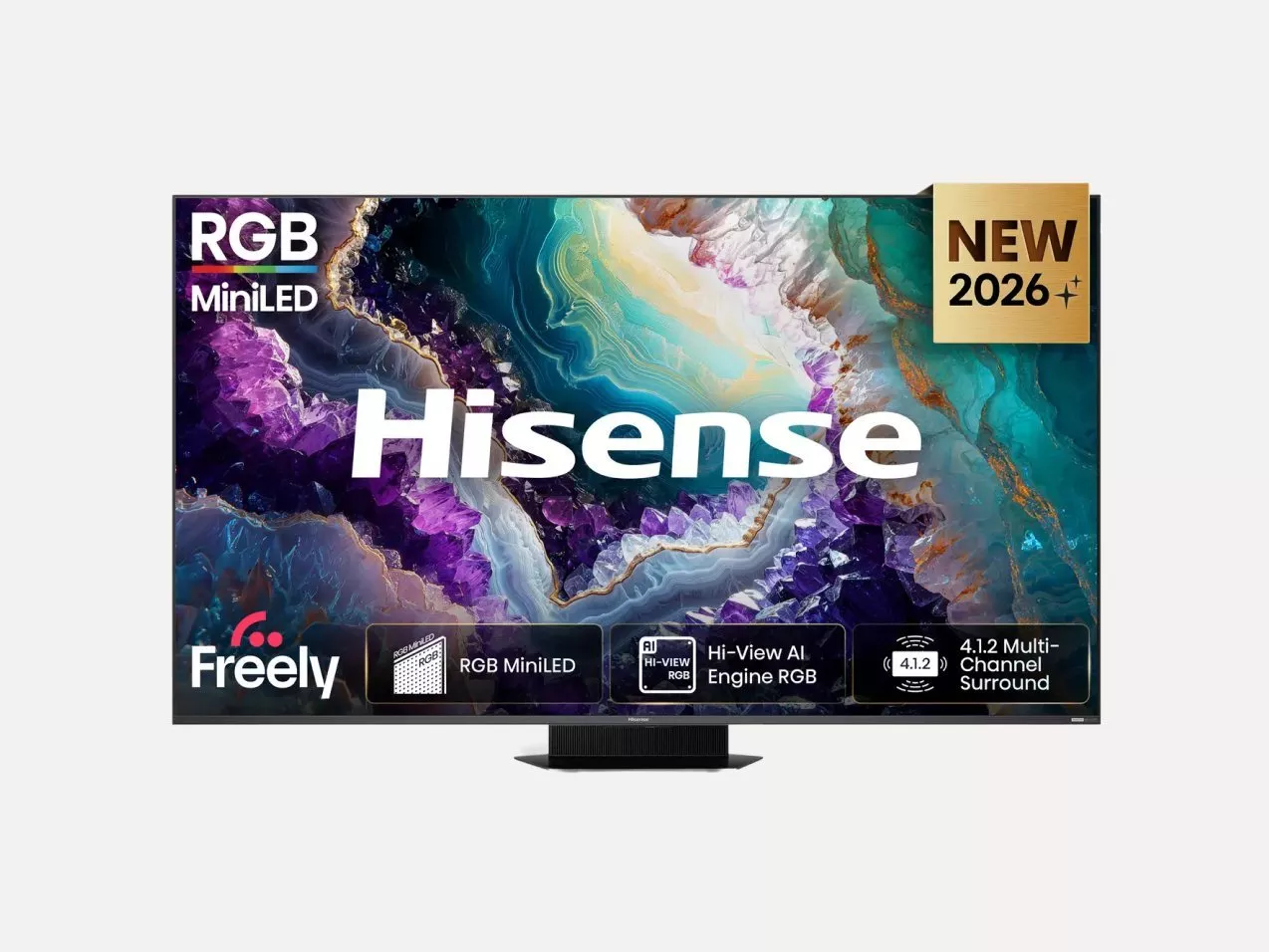 Hisense RGB MiniLED TV promo image showing colourful abstract screen, Freely logo, and “New 2026” badge