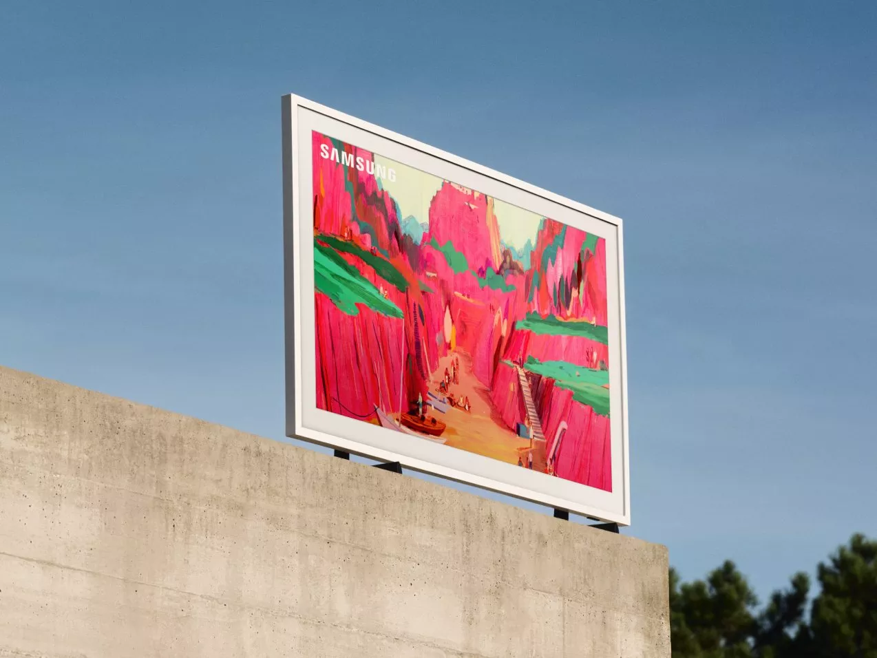 Samsung outdoor TV on concrete wall displaying vibrant canyon artwork against a clear blue sky backdrop