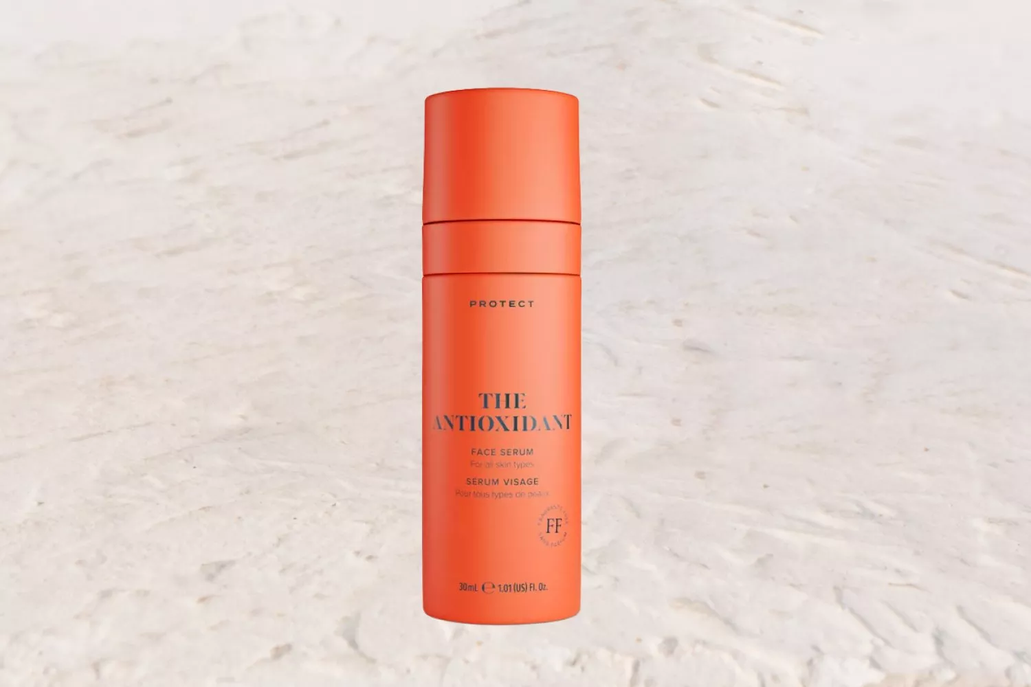 Blue bottle of face serum for hyperpigmentation on a textured beige background, promoting skincare treatment.