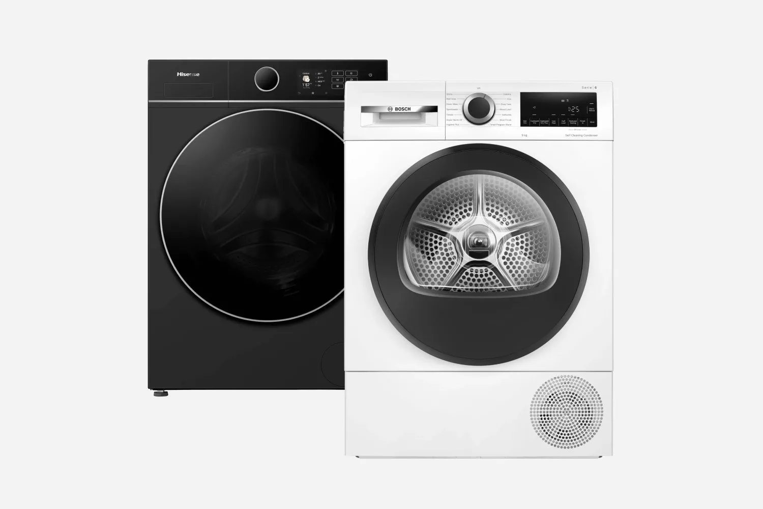 Black Hisense washing machine beside white Bosch tumble dryer, front-loading laundry appliances on white background