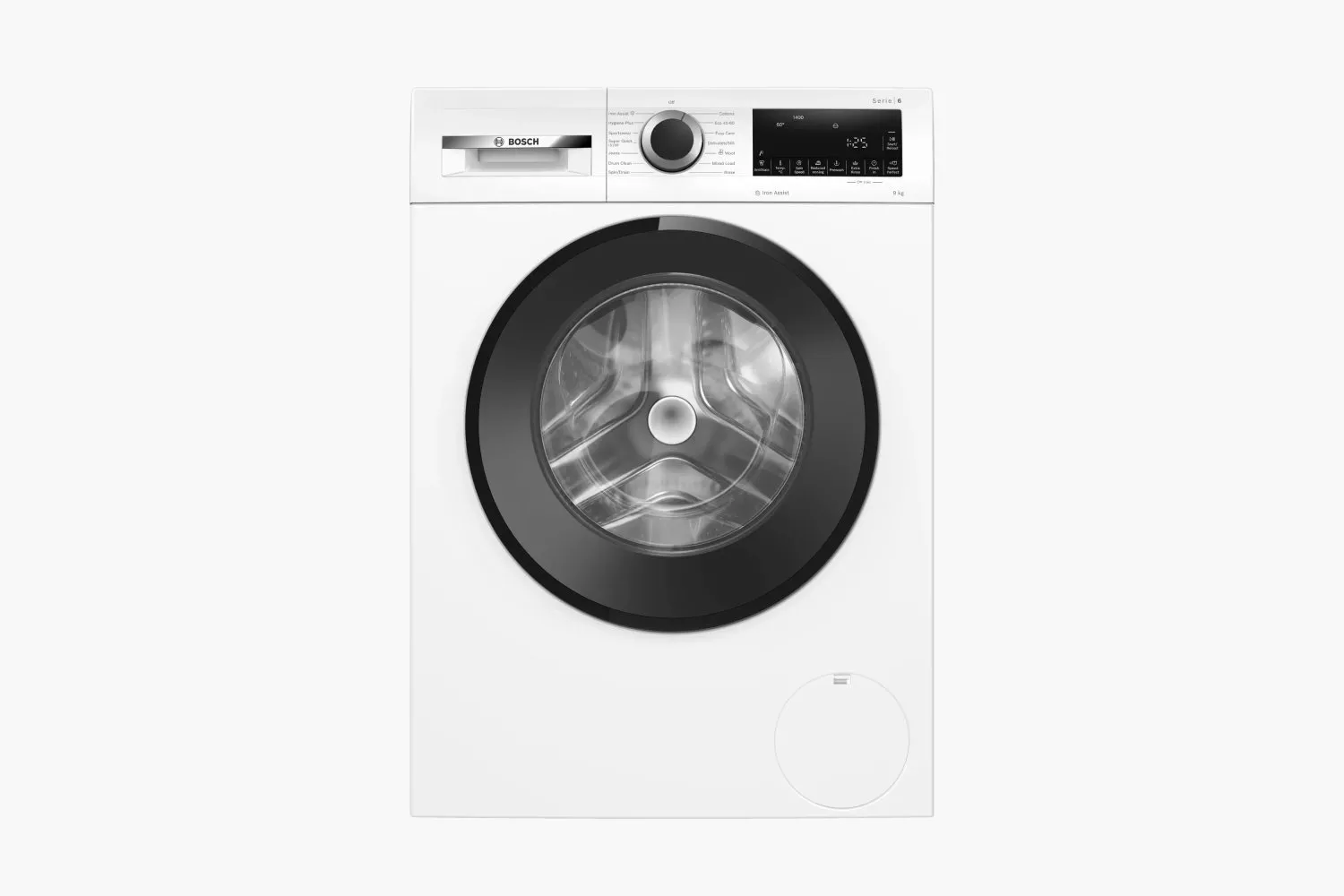 Bosch Series 6 white front-loading washing machine with black door, digital display and control dial front view