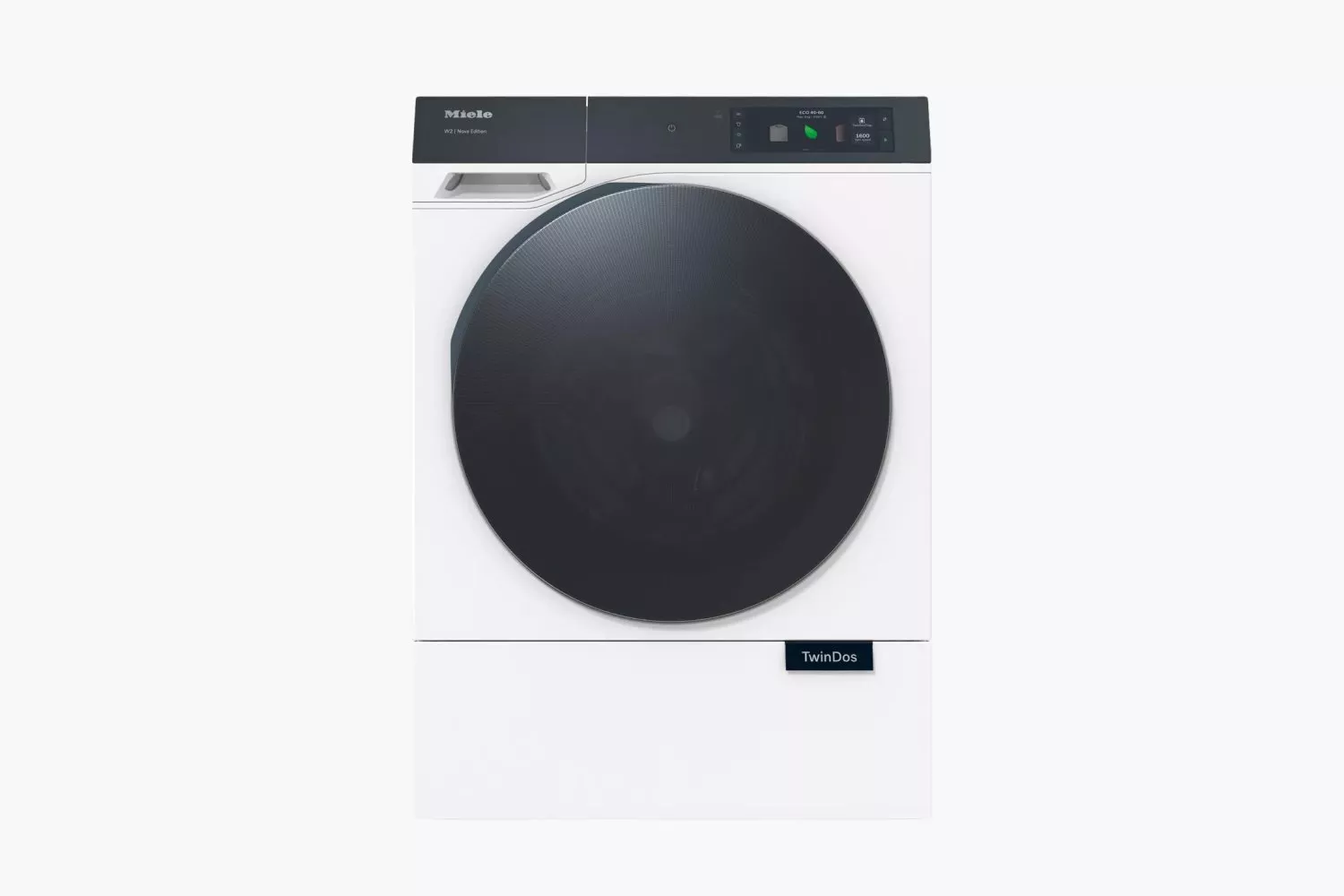 Miele front-loading washing machine in white with large black door and digital control panel, studio product photo